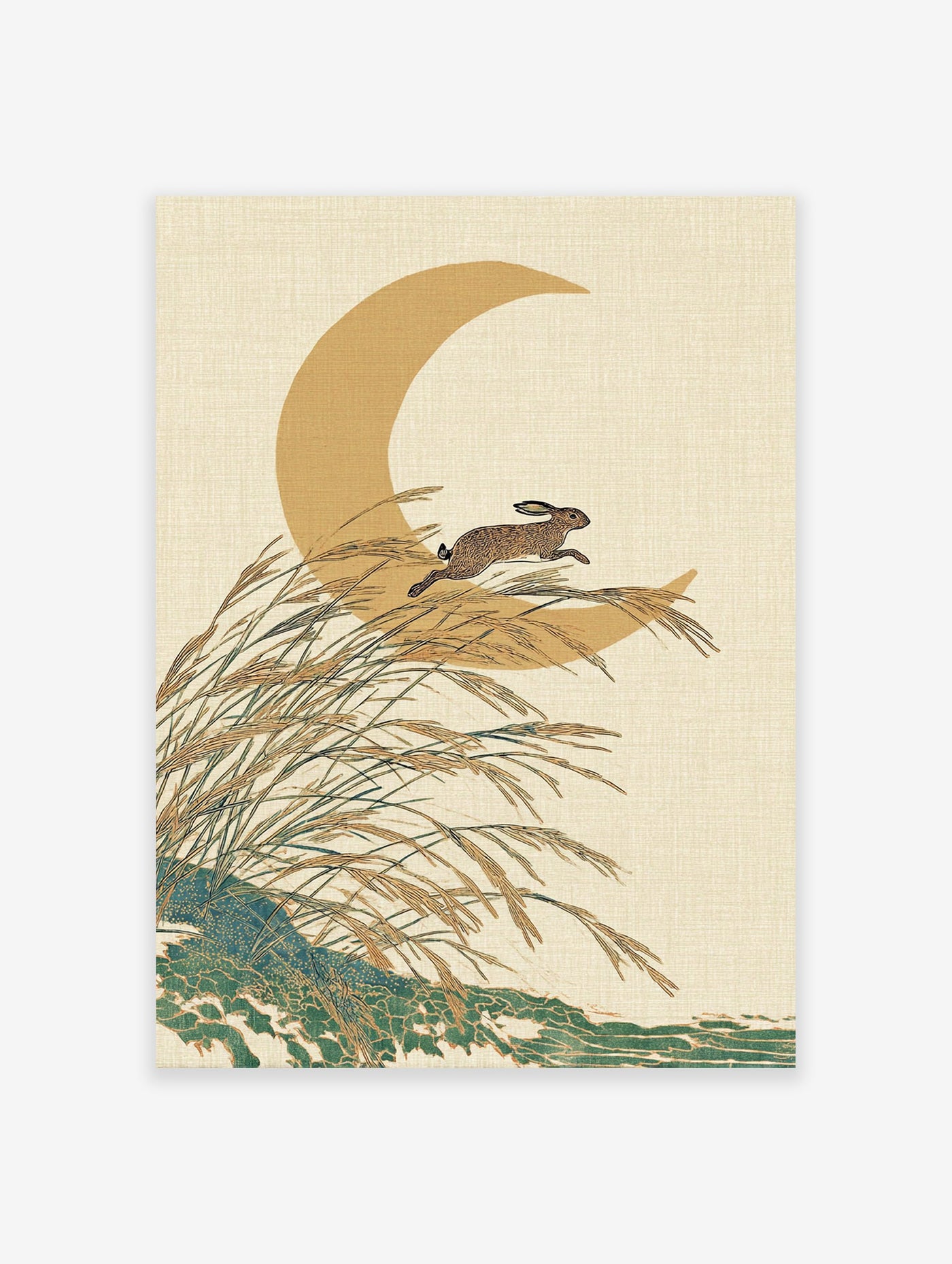 Japanese wall art print with a brown rabbit jumping over golden pampas grass in front of a crescent moon on a textured beige background.