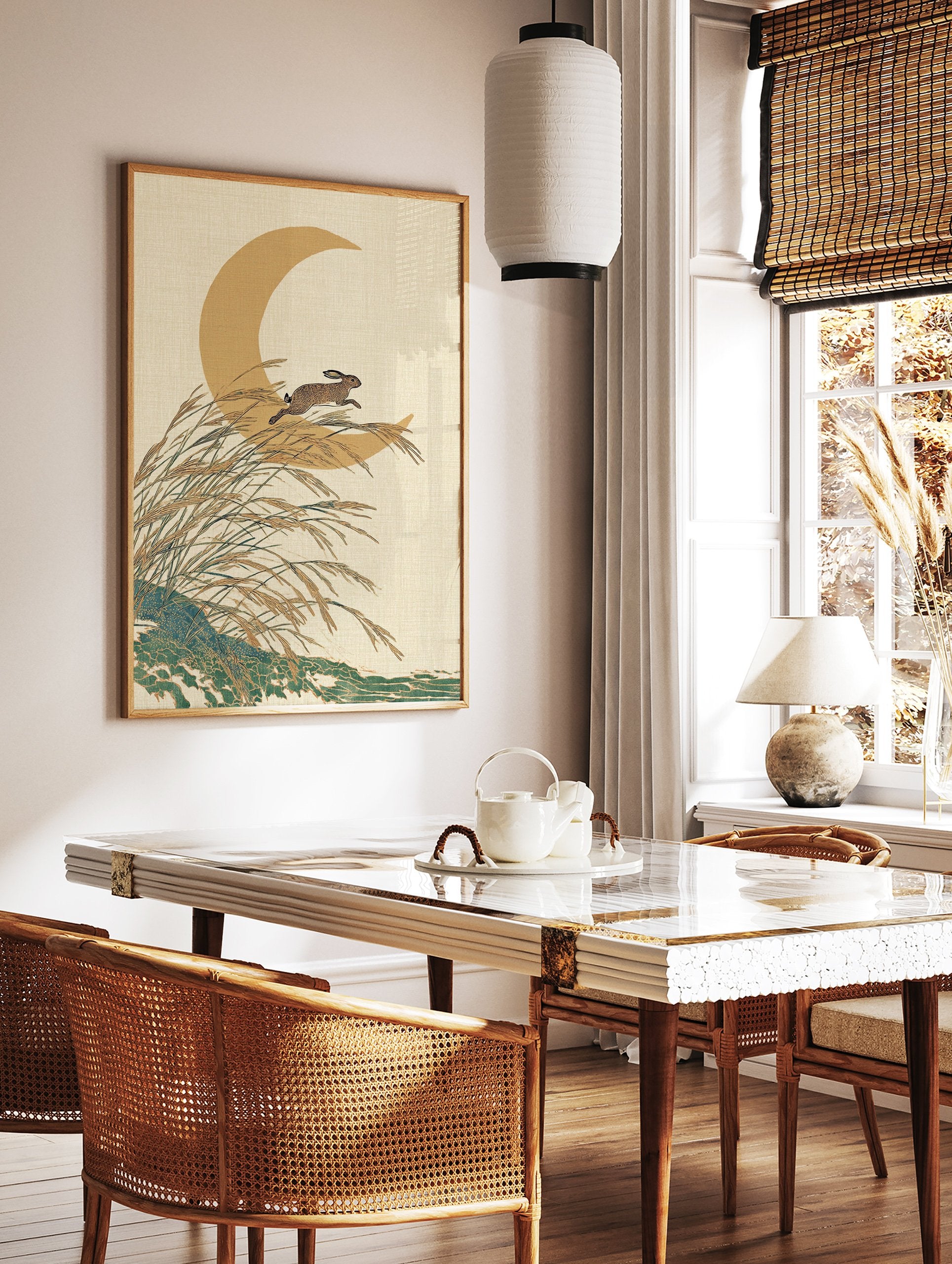 Japanese wall art print with a brown rabbit jumping over golden pampas grass in front of a crescent moon on a textured beige background. - Image 2