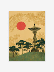 Japanese wall art print with a black radio telescope, green pine trees, a red sun, and golden clouds on a yellow background.