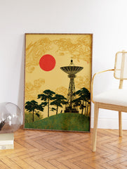Japanese wall art print with a black radio telescope, green pine trees, a red sun, and golden clouds on a yellow background. - Image 2