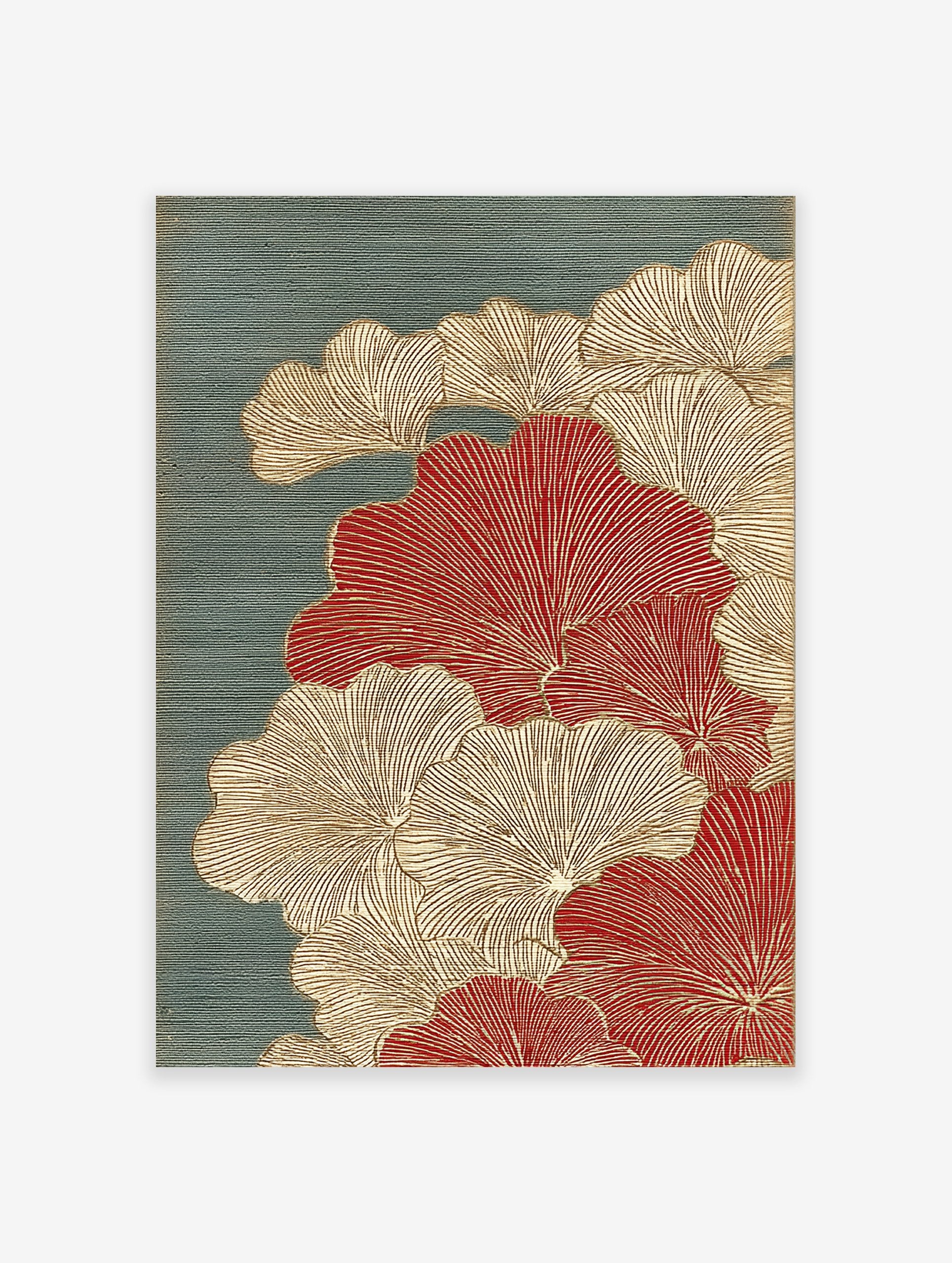 Japanese botanical art print with red and gold ginkgo leaves on a textured teal background, featuring fine line details.