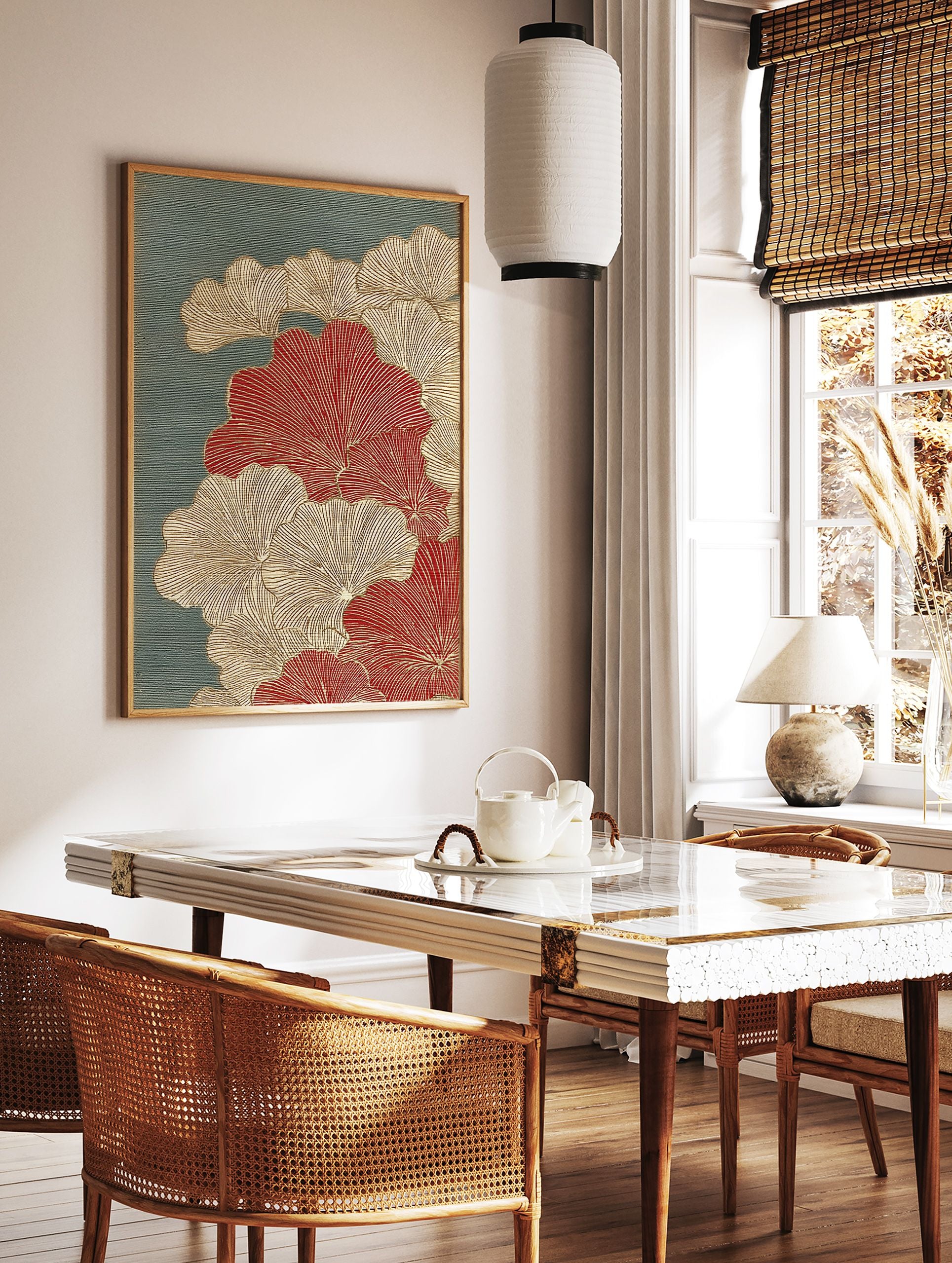 Japanese botanical art print with red and gold ginkgo leaves on a textured teal background, featuring fine line details. - Image 2
