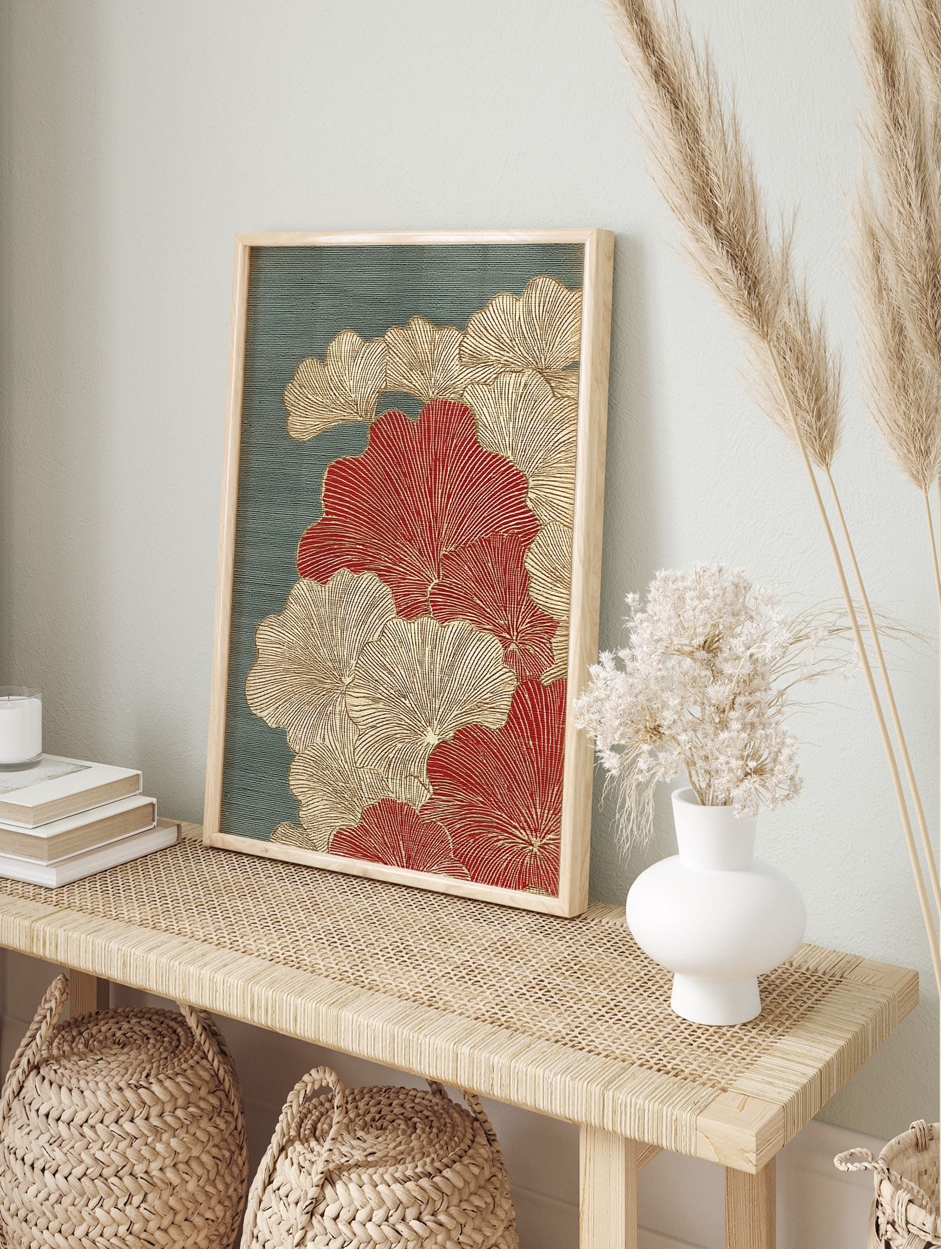 Japanese botanical art print with red and gold ginkgo leaves on a textured teal background, featuring fine line details. - Image 3