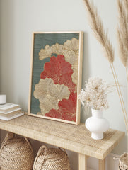 Japanese botanical art print with red and gold ginkgo leaves on a textured teal background, featuring fine line details. - Image 3