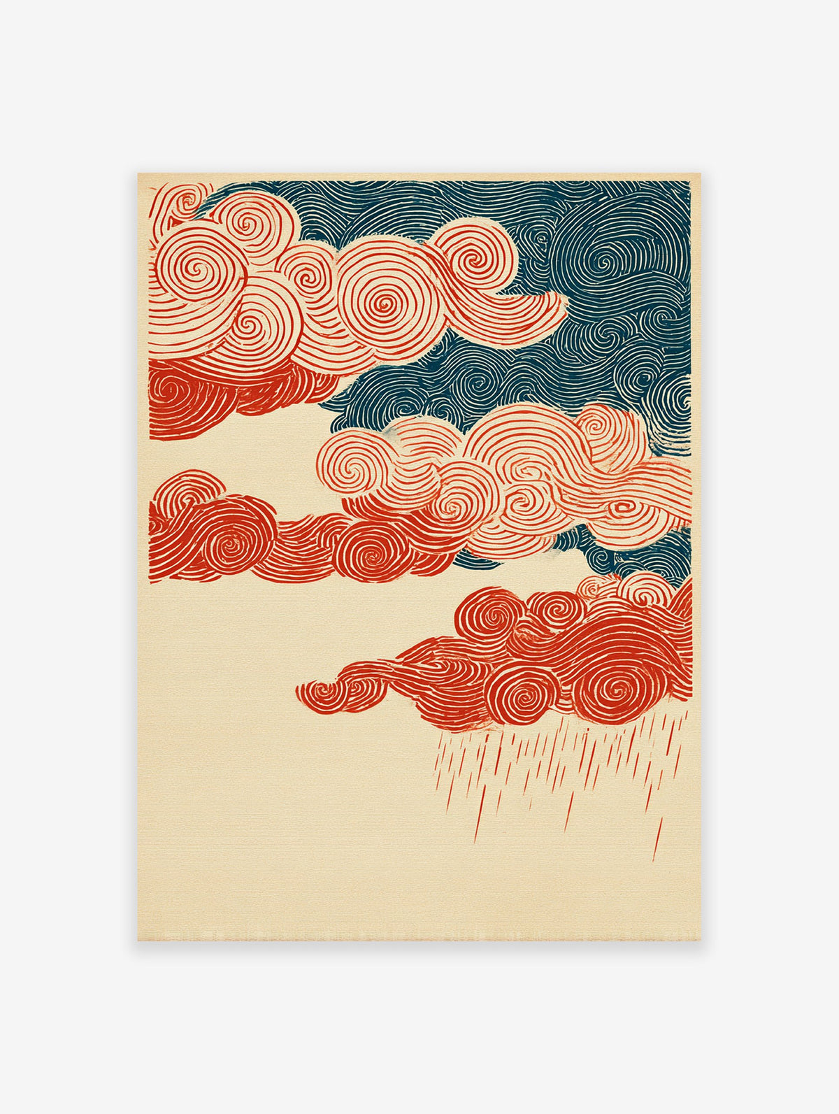 Japanese Ukiyo-e style art print featuring red swirling clouds, dark blue sky patterns, and red rain on a cream background.