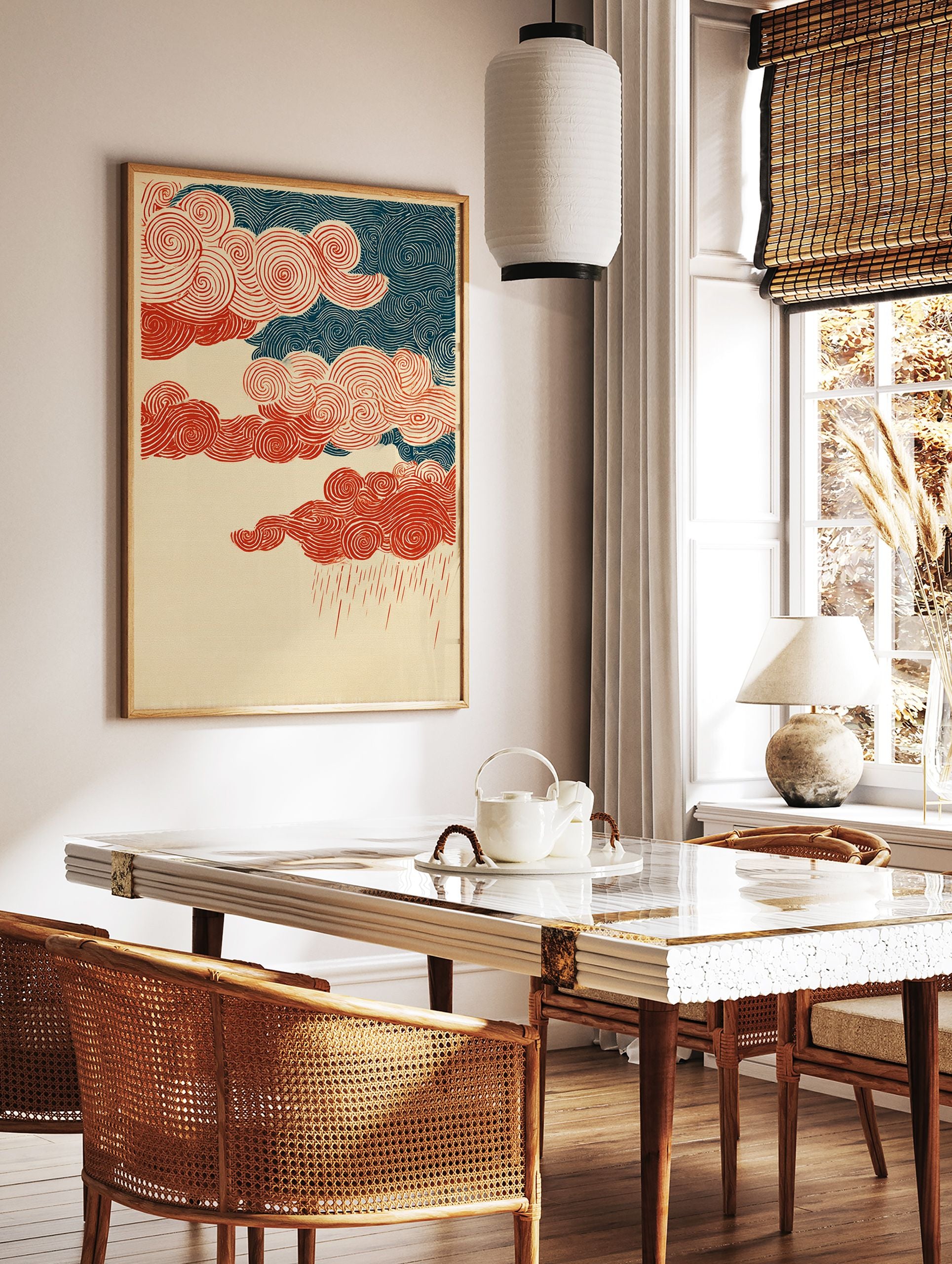 Japanese Ukiyo-e style art print featuring red swirling clouds, dark blue sky patterns, and red rain on a cream background. - Image 2