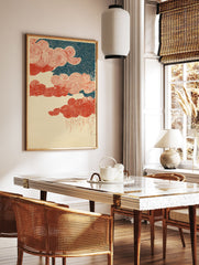 Japanese Ukiyo-e style art print featuring red swirling clouds, dark blue sky patterns, and red rain on a cream background. - Image 2
