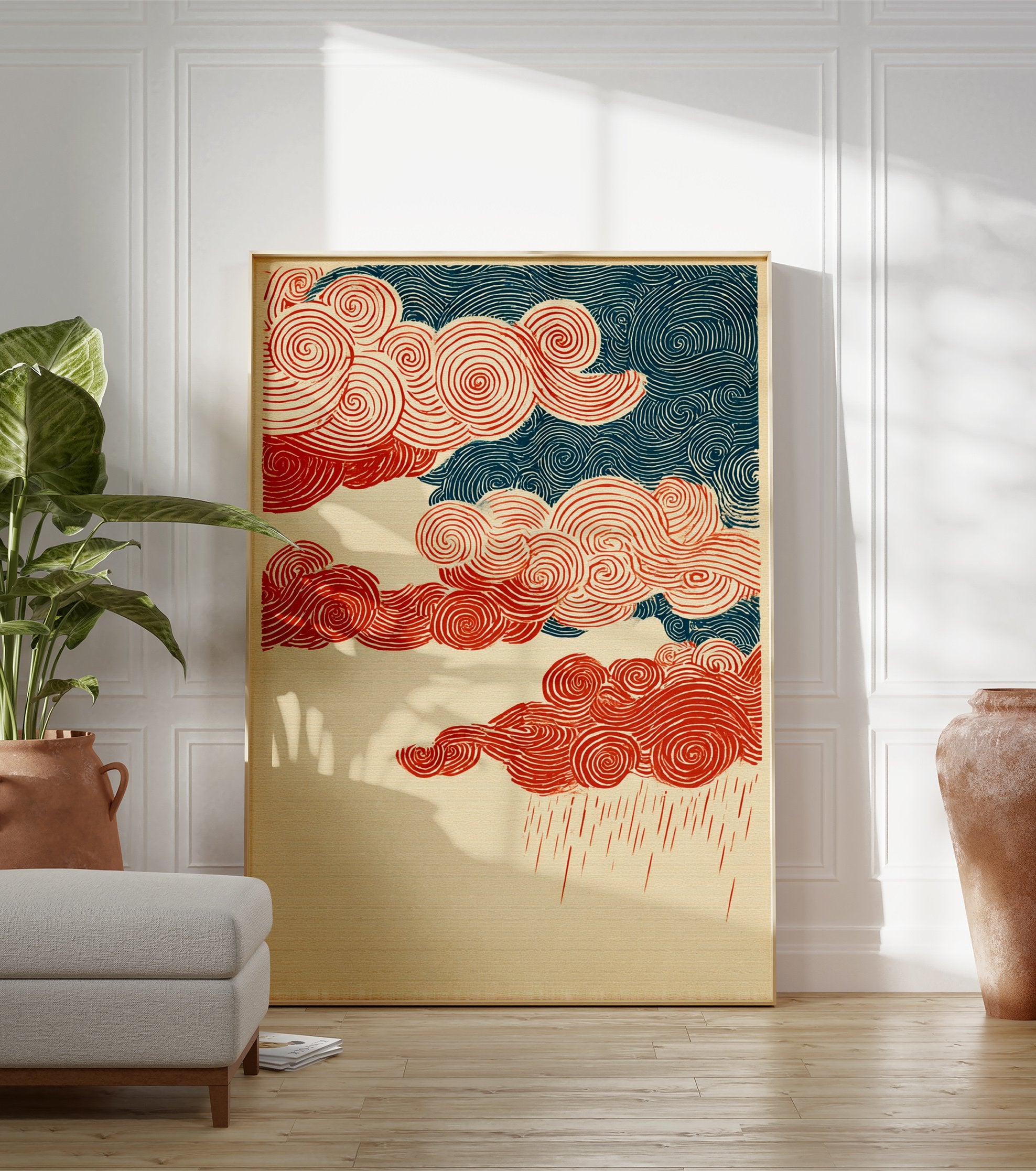 Japanese Ukiyo-e style art print featuring red swirling clouds, dark blue sky patterns, and red rain on a cream background. - Image 3