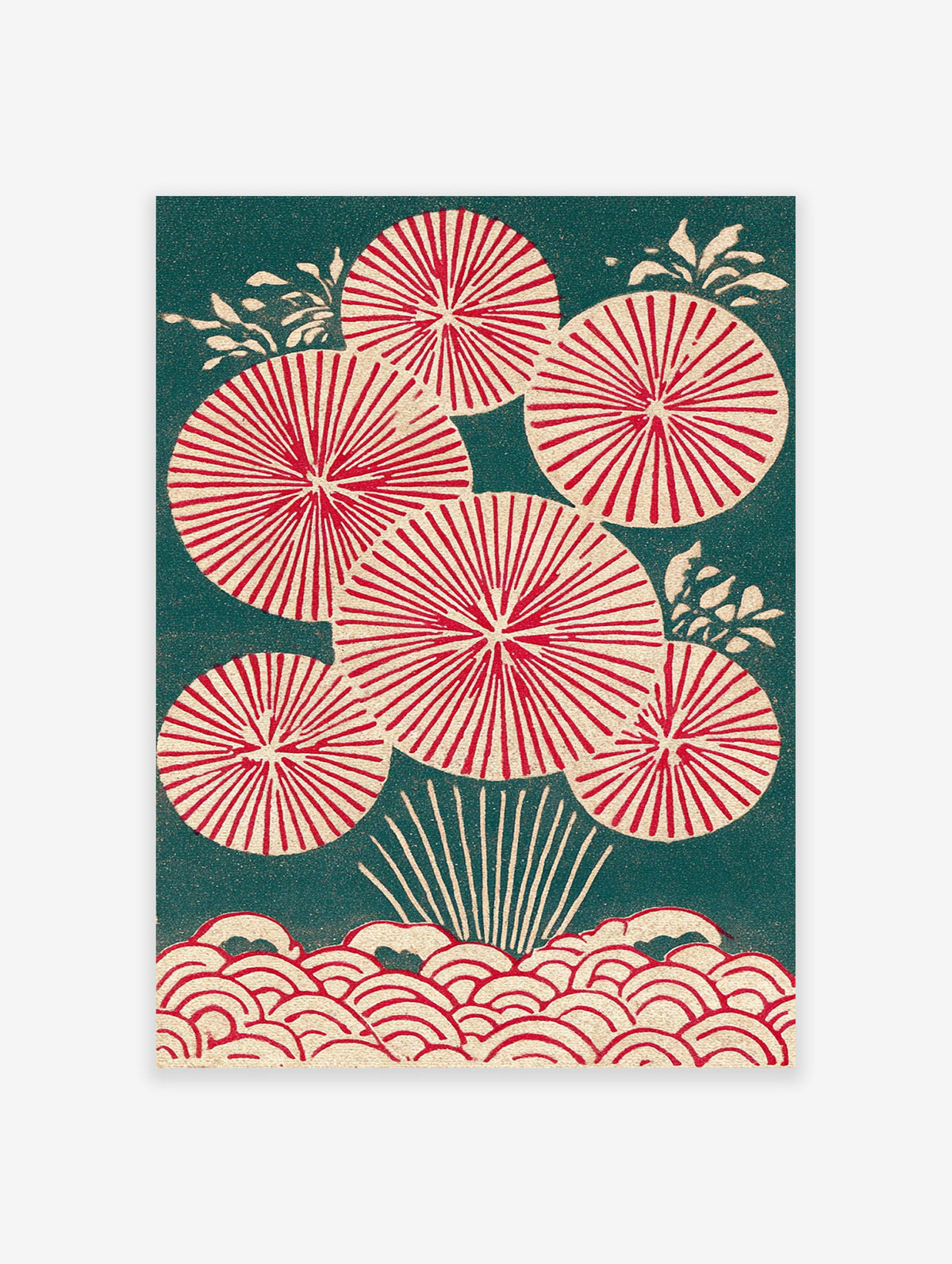Traditional Japanese wall art print with red circular botanical patterns and waves on a dark teal background.
