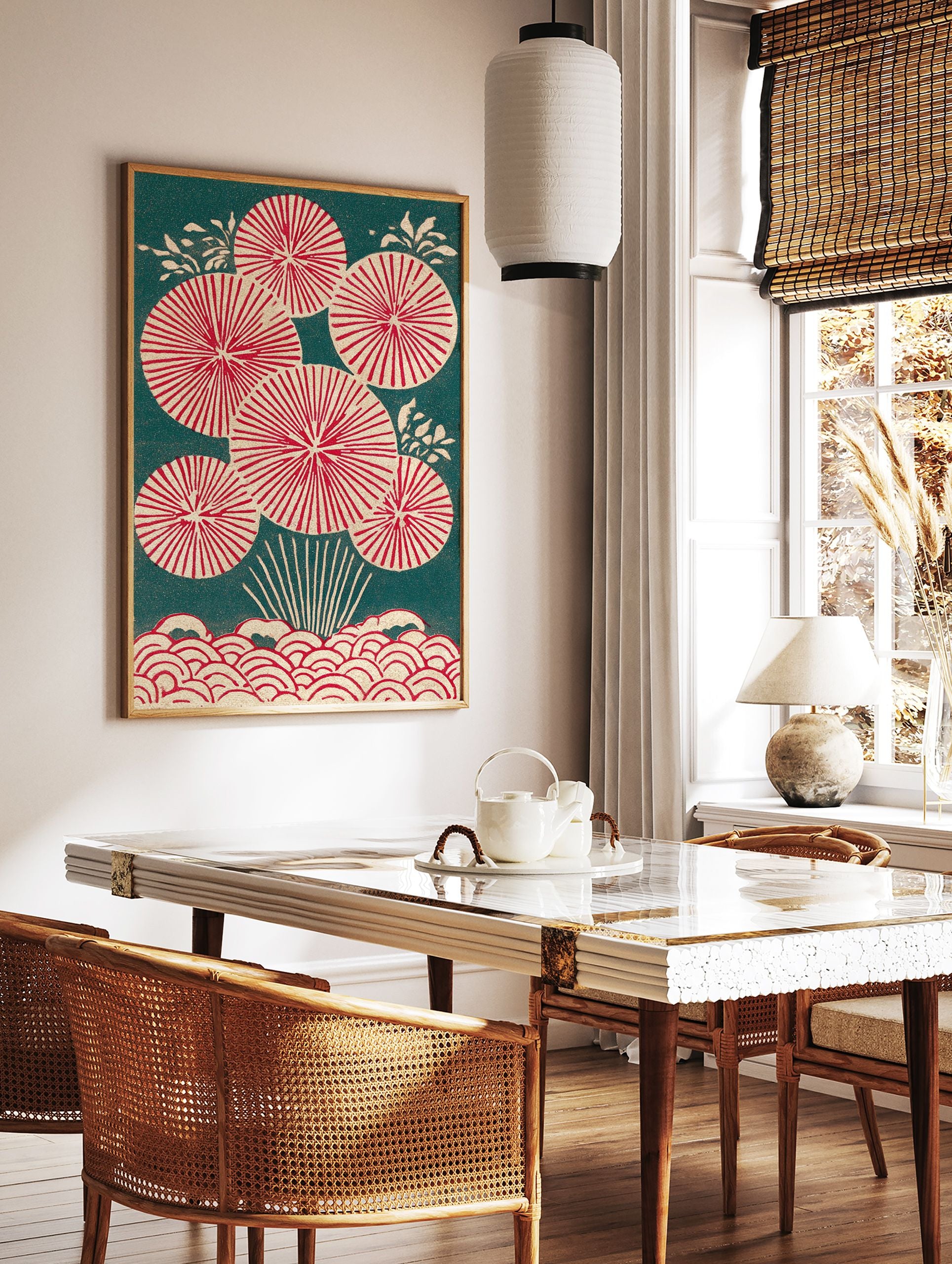 Traditional Japanese wall art print with red circular botanical patterns and waves on a dark teal background. - Image 2