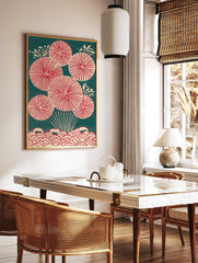 Traditional Japanese wall art print with red circular botanical patterns and waves on a dark teal background. - Image 2