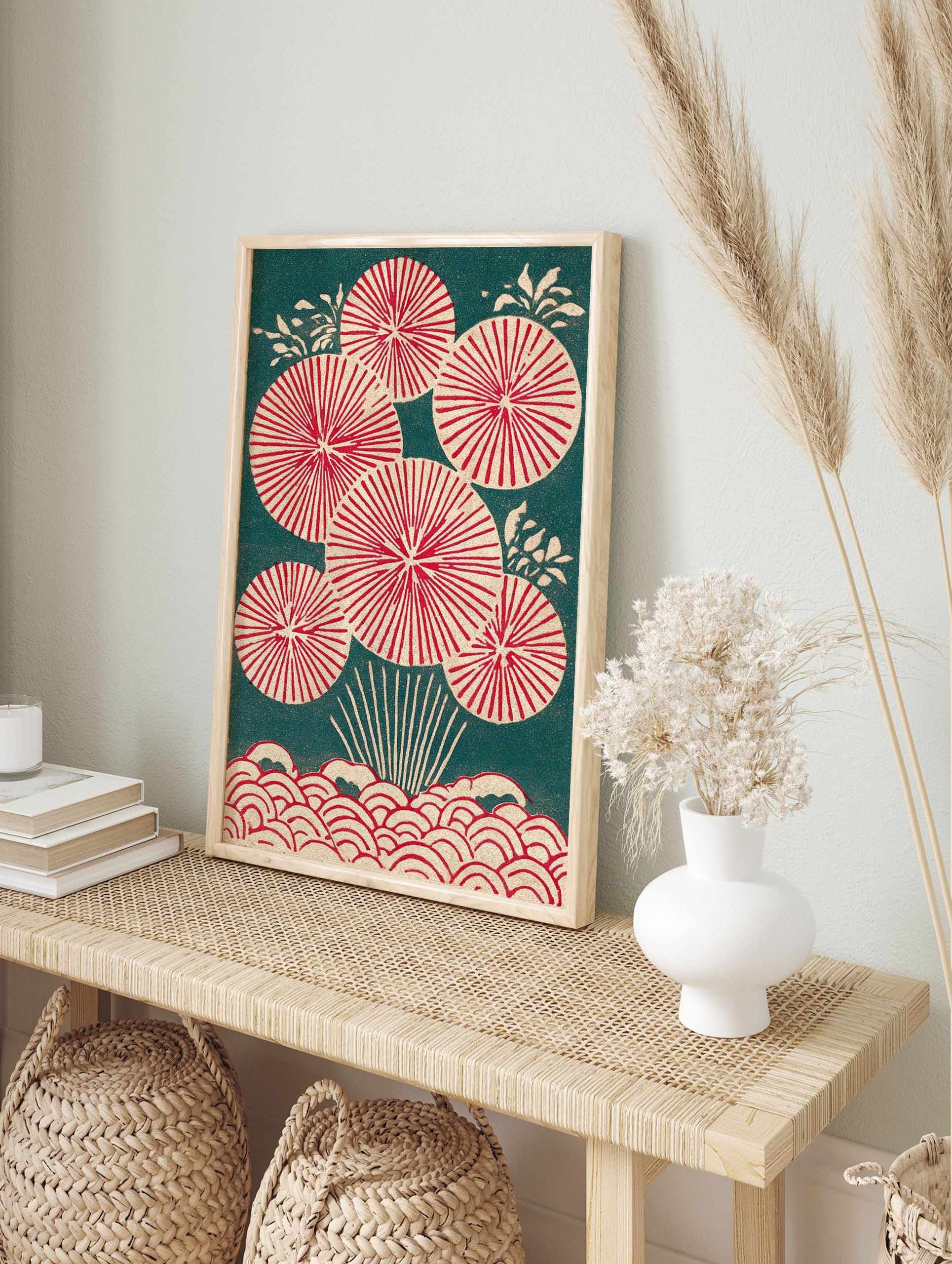 Traditional Japanese wall art print with red circular botanical patterns and waves on a dark teal background. - Image 3