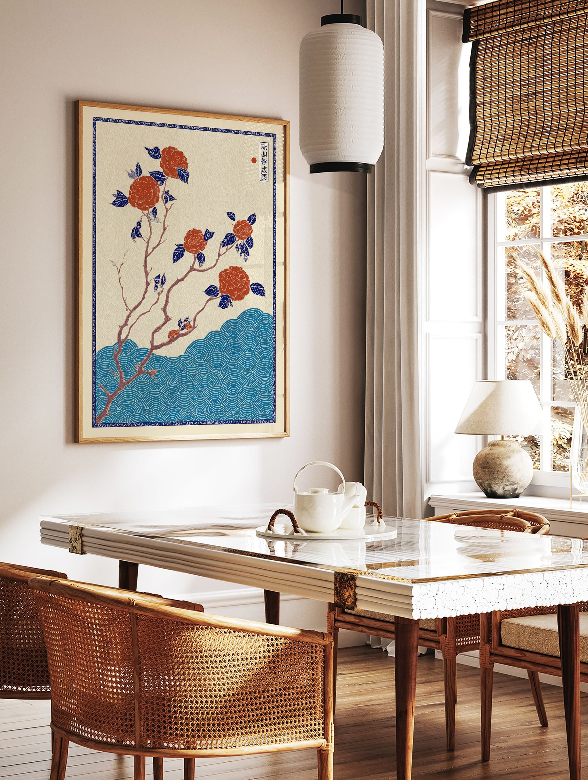 Japanese botanical wall art print with red camellia flowers on branches over blue ukiyo-e style waves on a cream background. - Image 3
