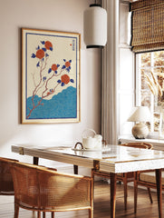 Japanese botanical wall art print with red camellia flowers on branches over blue ukiyo-e style waves on a cream background. - Image 3