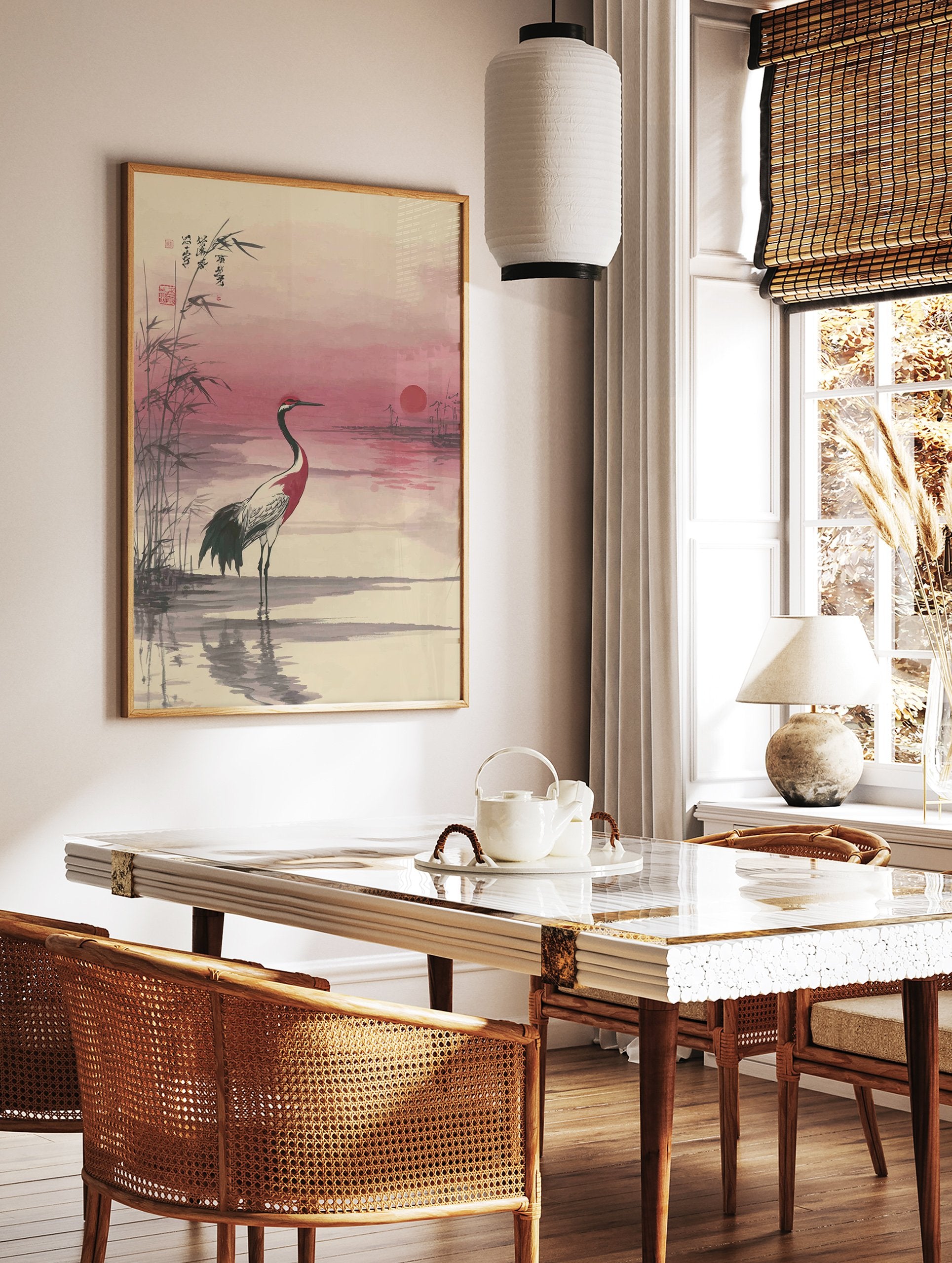 Japanese wall art print of a red-crowned crane in water with bamboo and a pink sunset. - Image 2