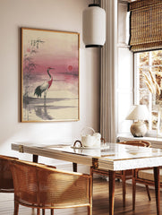Japanese wall art print of a red-crowned crane in water with bamboo and a pink sunset. - Image 2