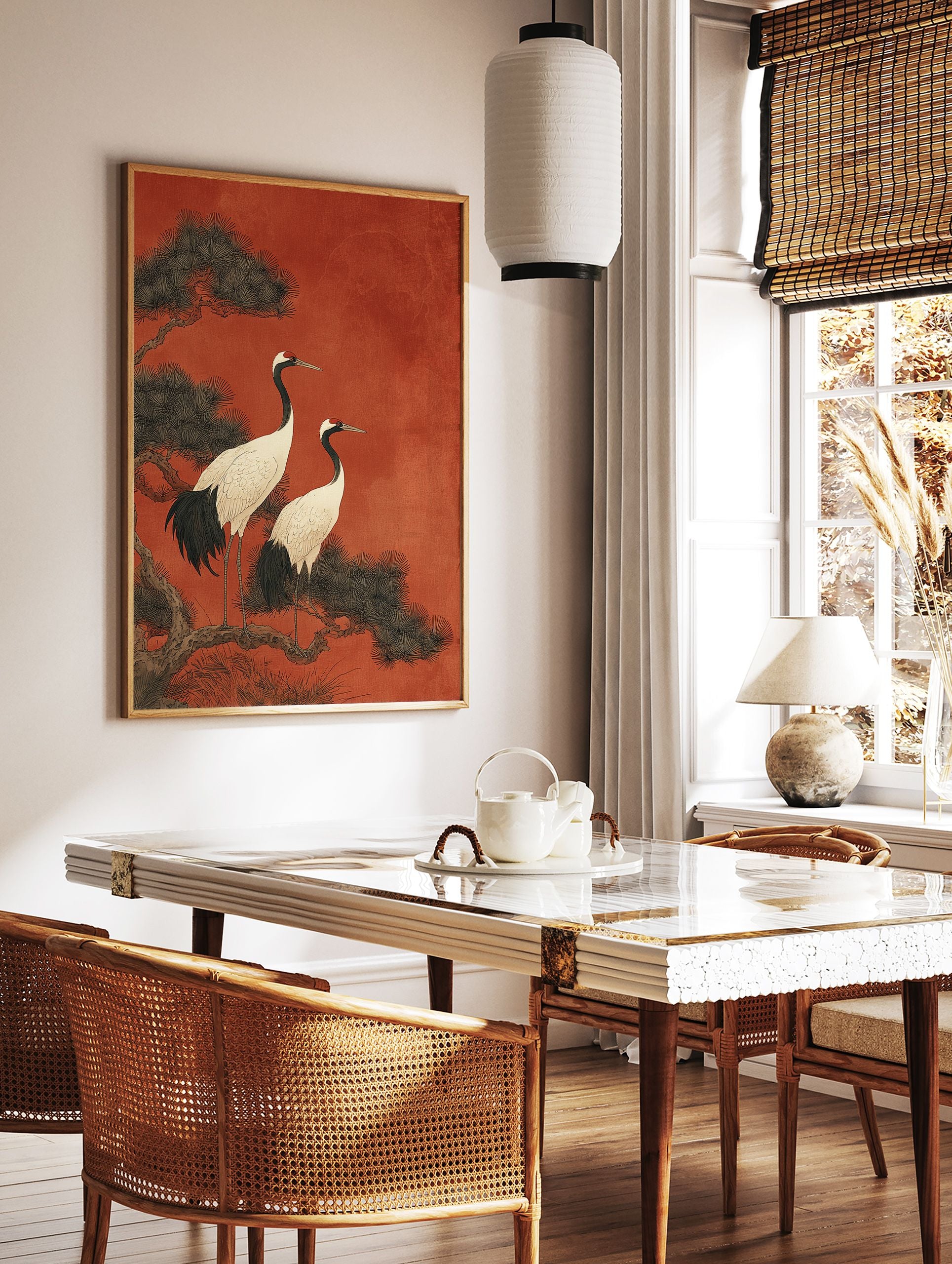 Japanese Wall Art print with two white red-crowned cranes on a pine branch against a textured red background. - Image 2