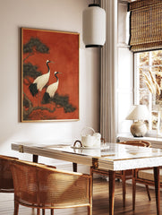 Japanese Wall Art print with two white red-crowned cranes on a pine branch against a textured red background. - Image 2