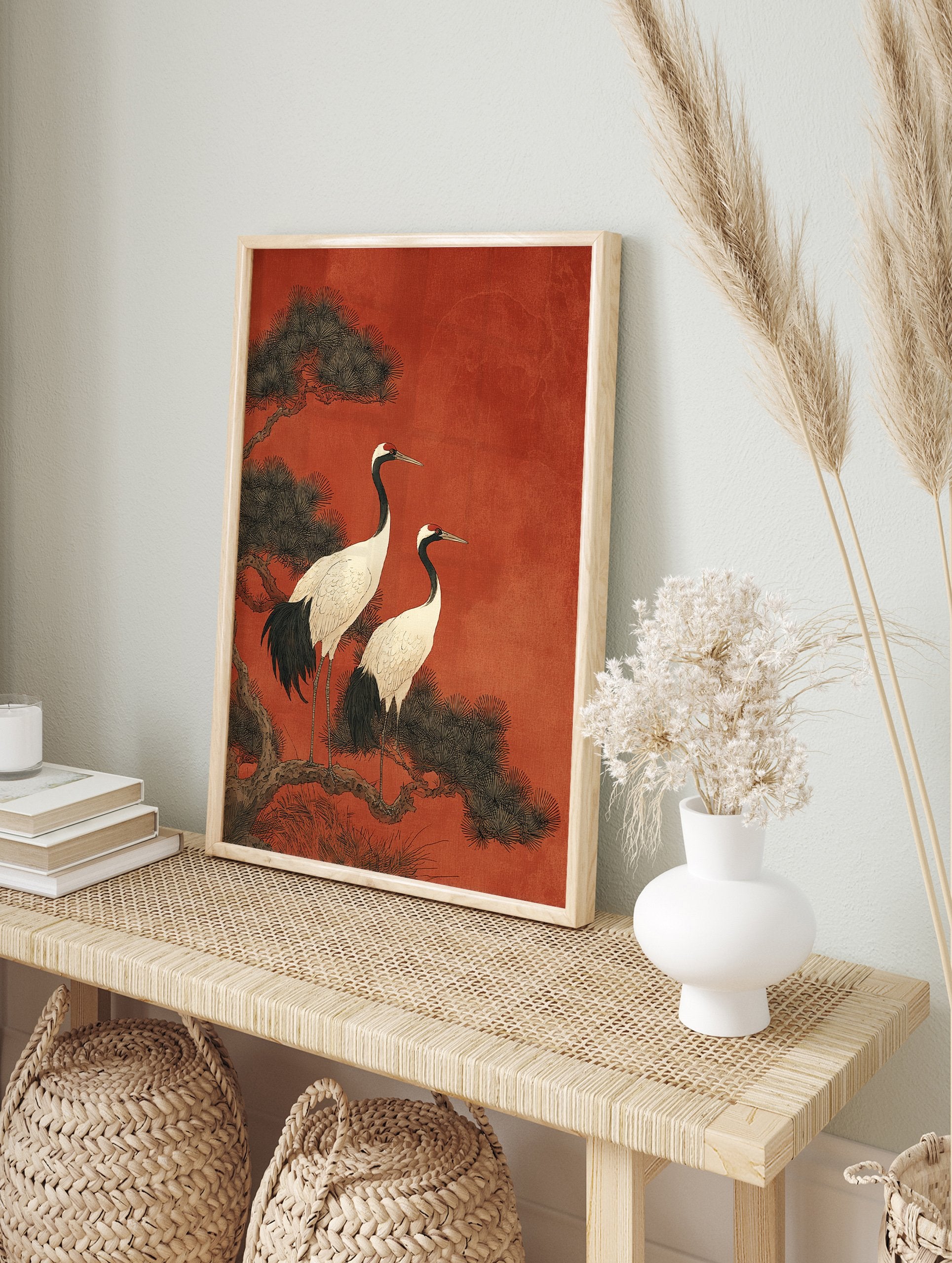 Japanese Wall Art print with two white red-crowned cranes on a pine branch against a textured red background. - Image 3