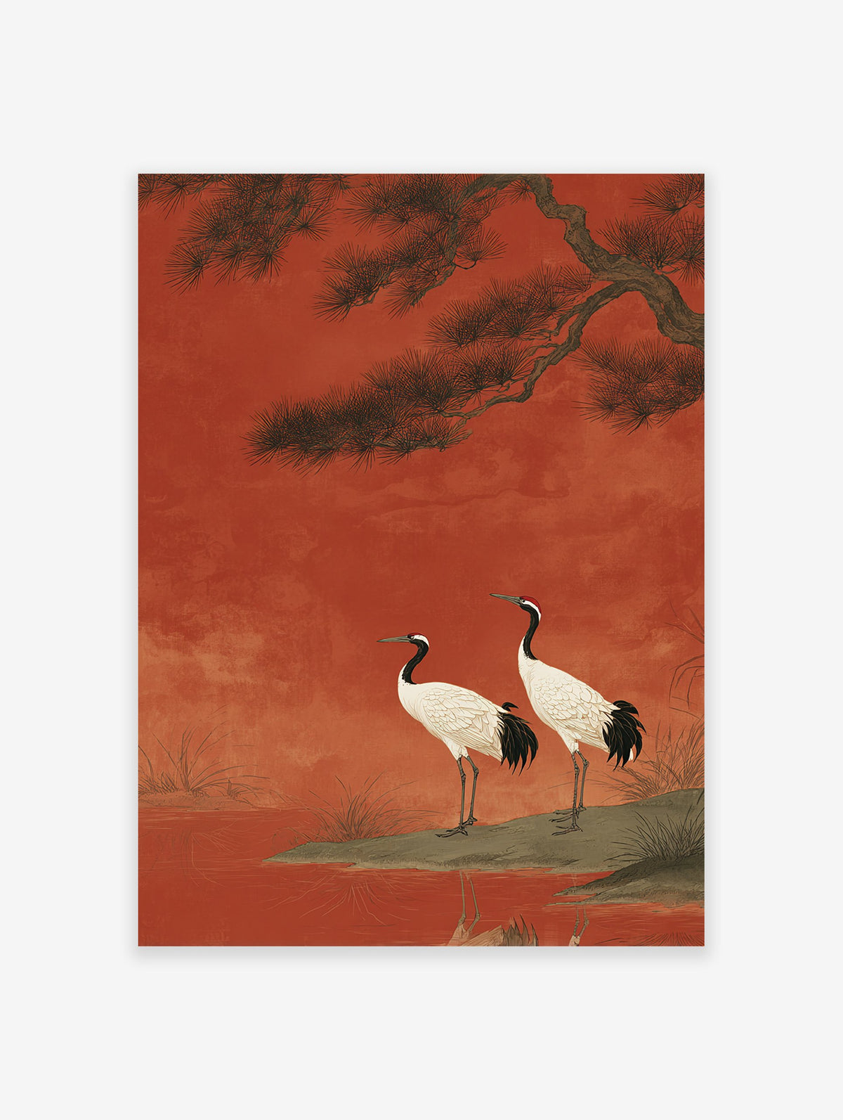Japanese wall art print featuring two red-crowned cranes on a bank with a pine tree against a rich red background.