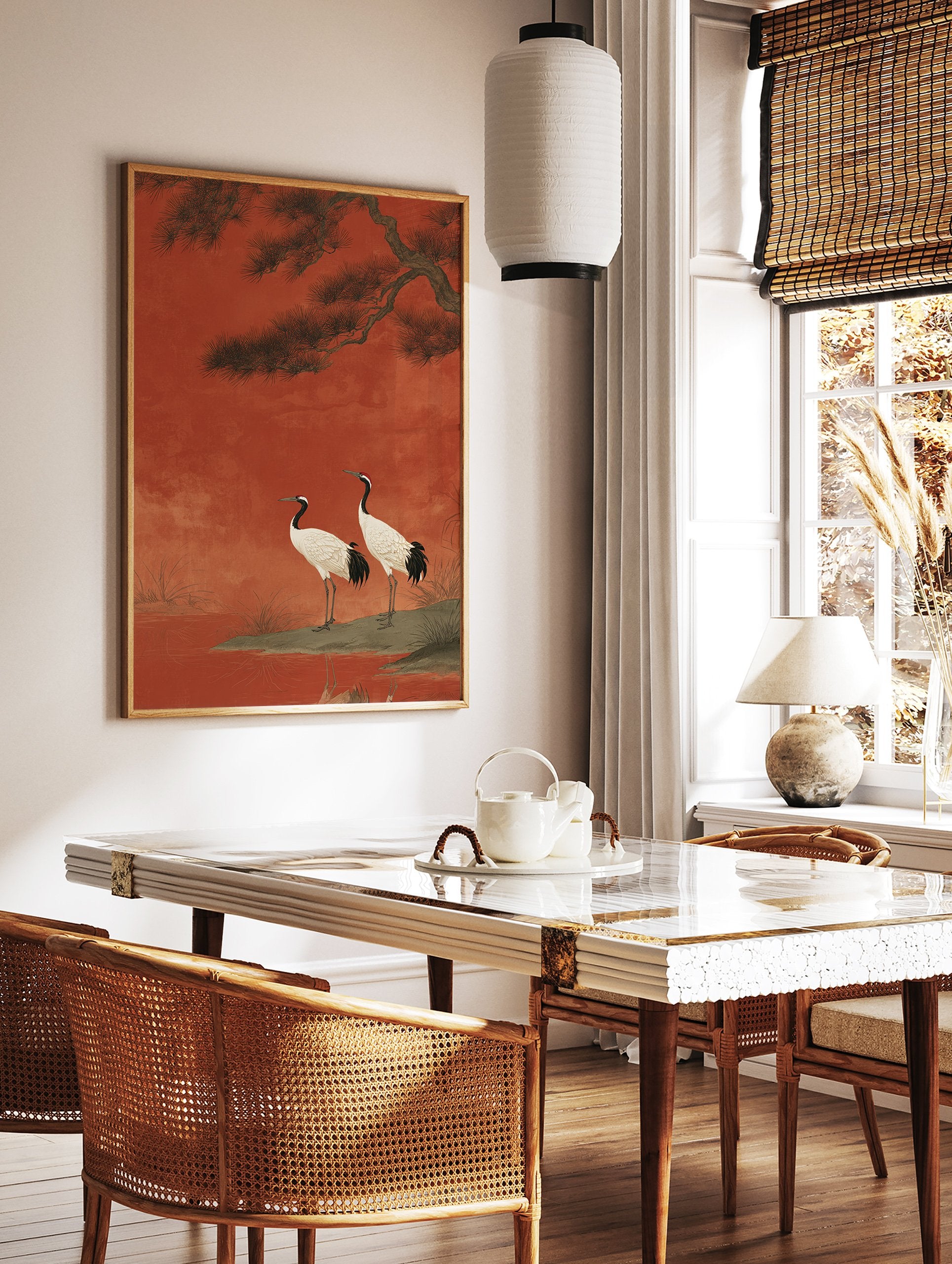 Japanese wall art print featuring two red-crowned cranes on a bank with a pine tree against a rich red background. - Image 3