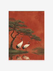 Japanese wall art print depicting two red-crowned cranes by water with a pine tree against a textured red background.