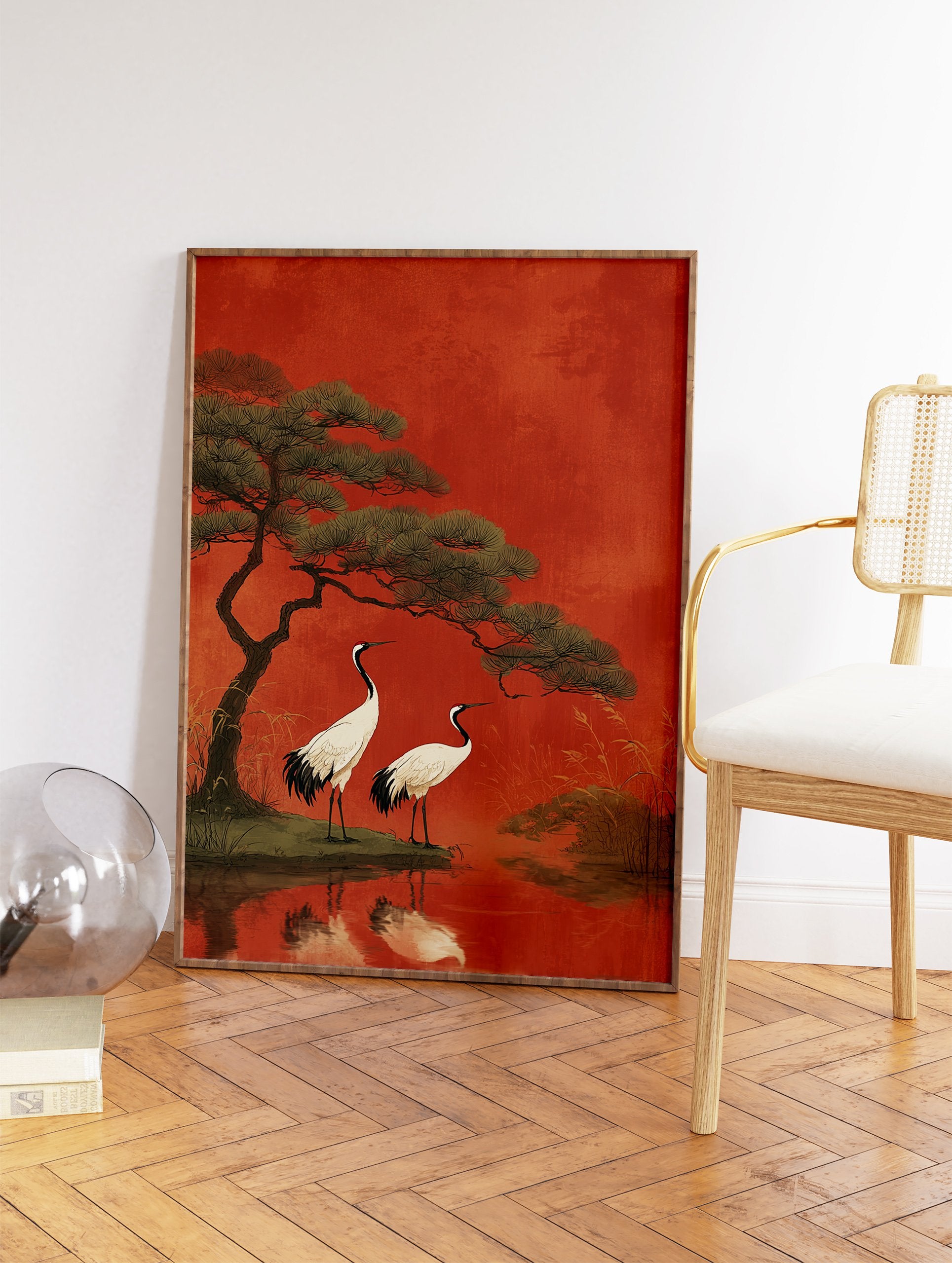 Japanese wall art print depicting two red-crowned cranes by water with a pine tree against a textured red background. - Image 2