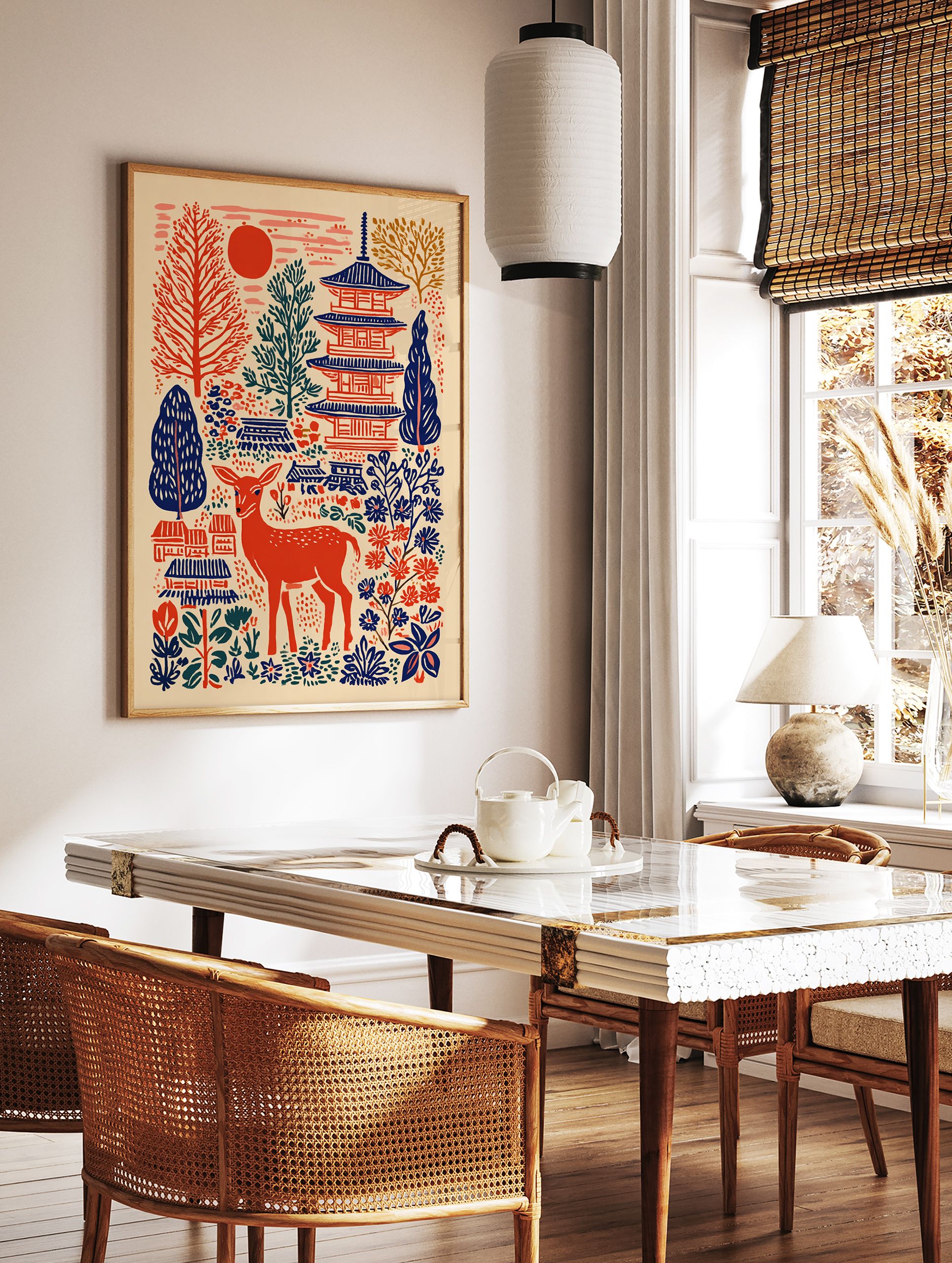 Japanese wall art print featuring a red deer, blue pagodas, red sun, and folk art trees and flowers on a cream background. - Image 2