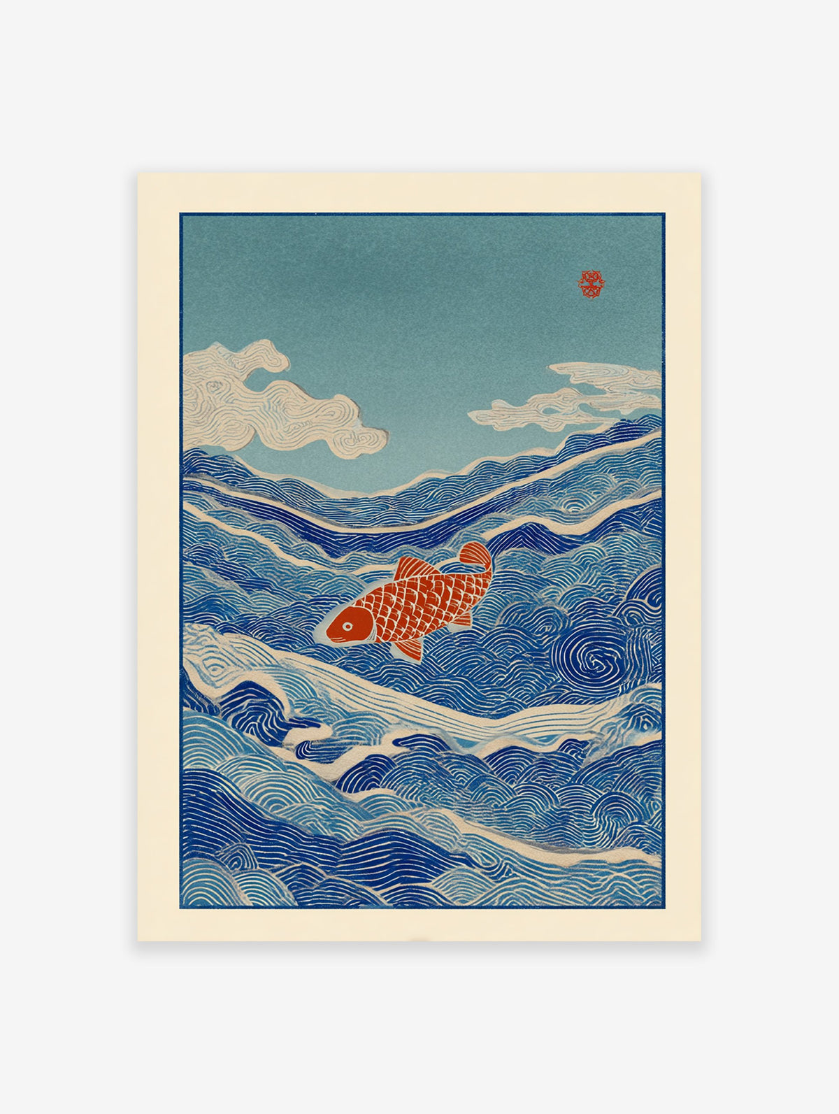 Japanese wall art print depicting a red fish swimming through blue ocean waves with clouds and a red stamp in the sky.
