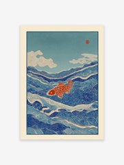 Japanese wall art print depicting a red fish swimming through blue ocean waves with clouds and a red stamp in the sky.