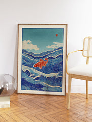 Japanese wall art print depicting a red fish swimming through blue ocean waves with clouds and a red stamp in the sky. - Image 2