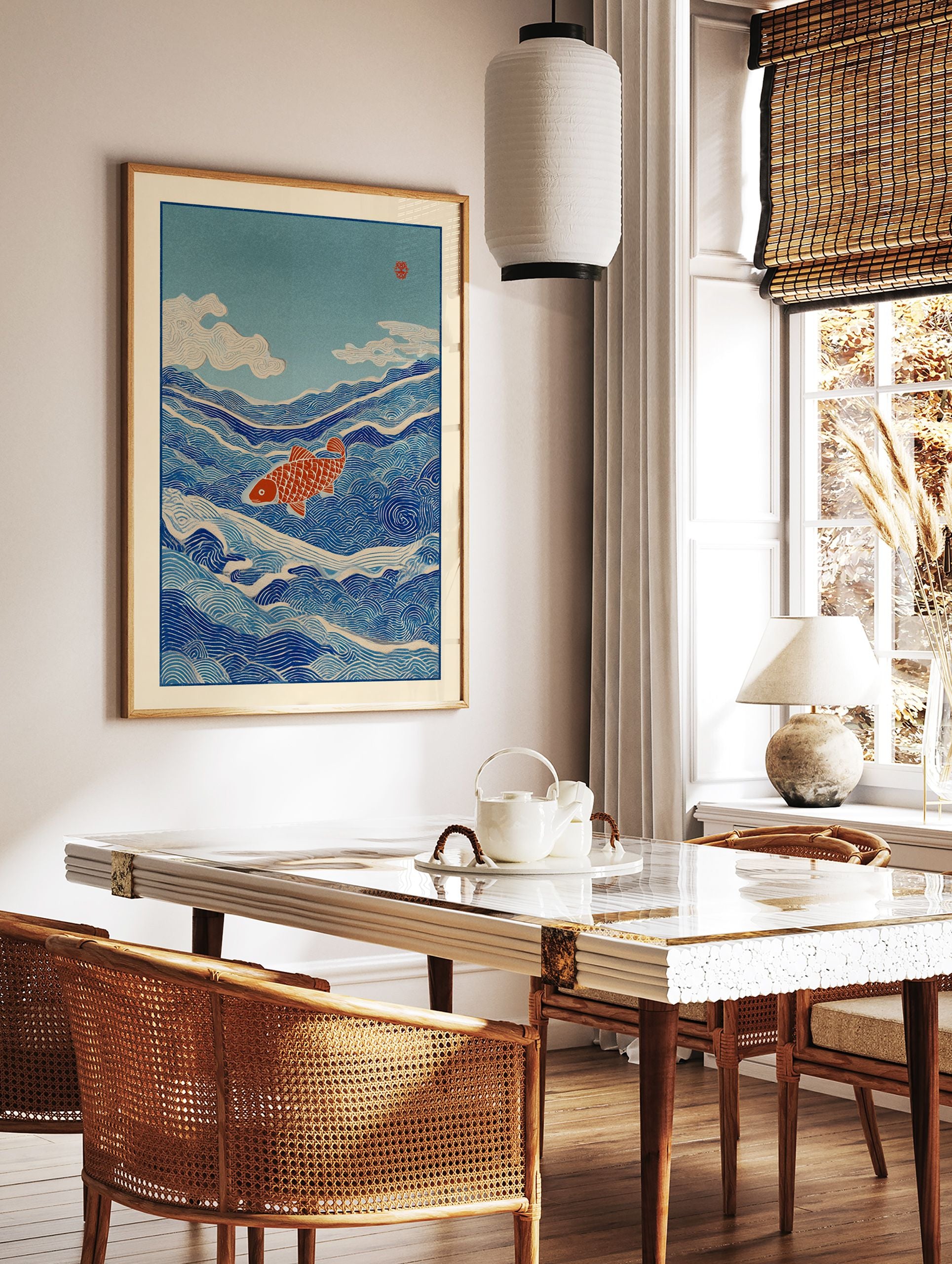 Japanese wall art print depicting a red fish swimming through blue ocean waves with clouds and a red stamp in the sky. - Image 3