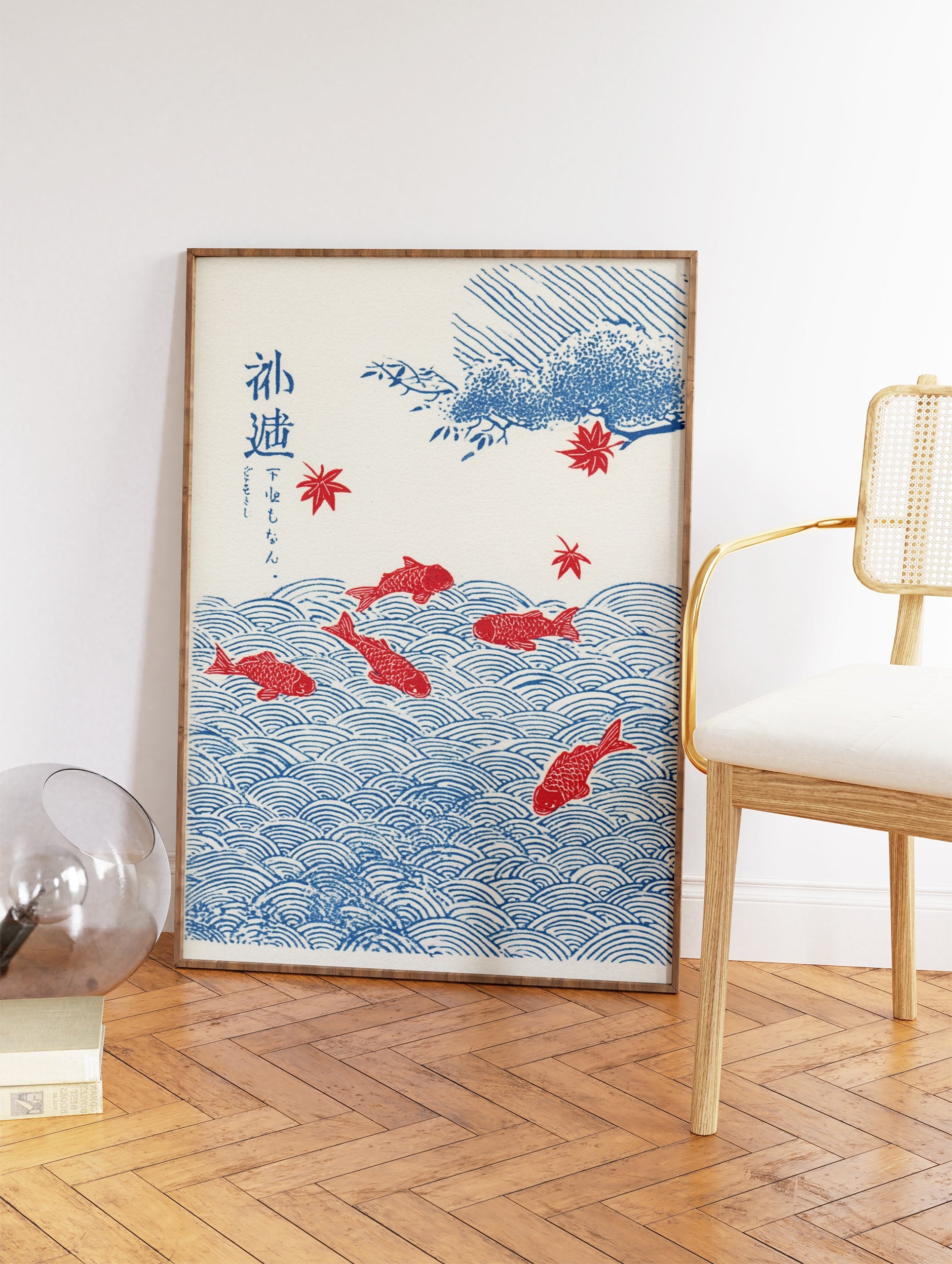 Japanese wall art print featuring red koi fish in blue waves with red maple leaves and blue foliage on a cream background. - Image 2