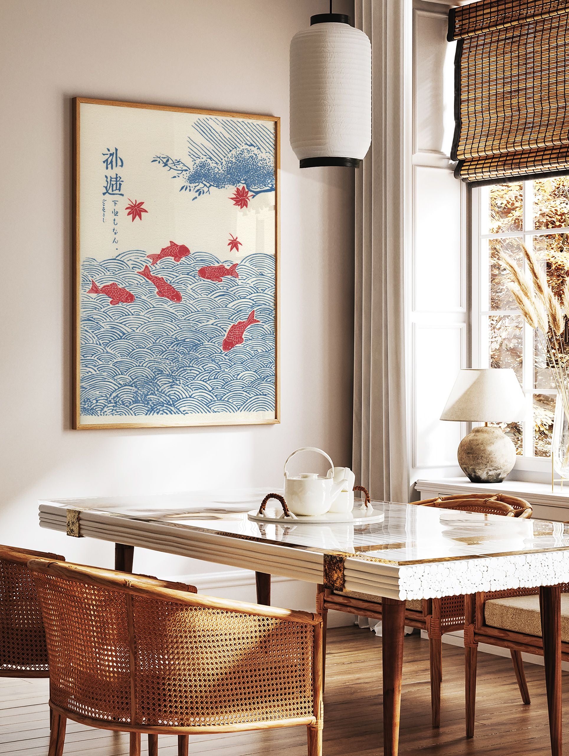 Japanese wall art print featuring red koi fish in blue waves with red maple leaves and blue foliage on a cream background. - Image 3