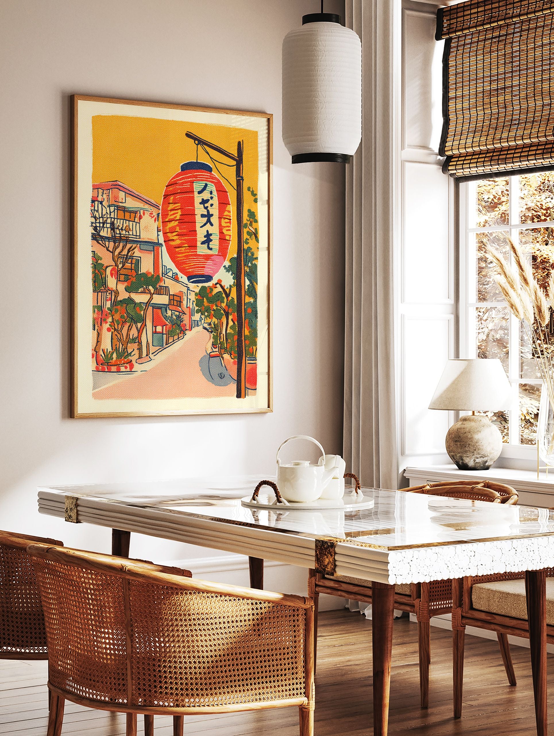 Illustrative Japanese street scene wall art with a large red lantern, traditional buildings, and green foliage under an orange sky. - Image 2