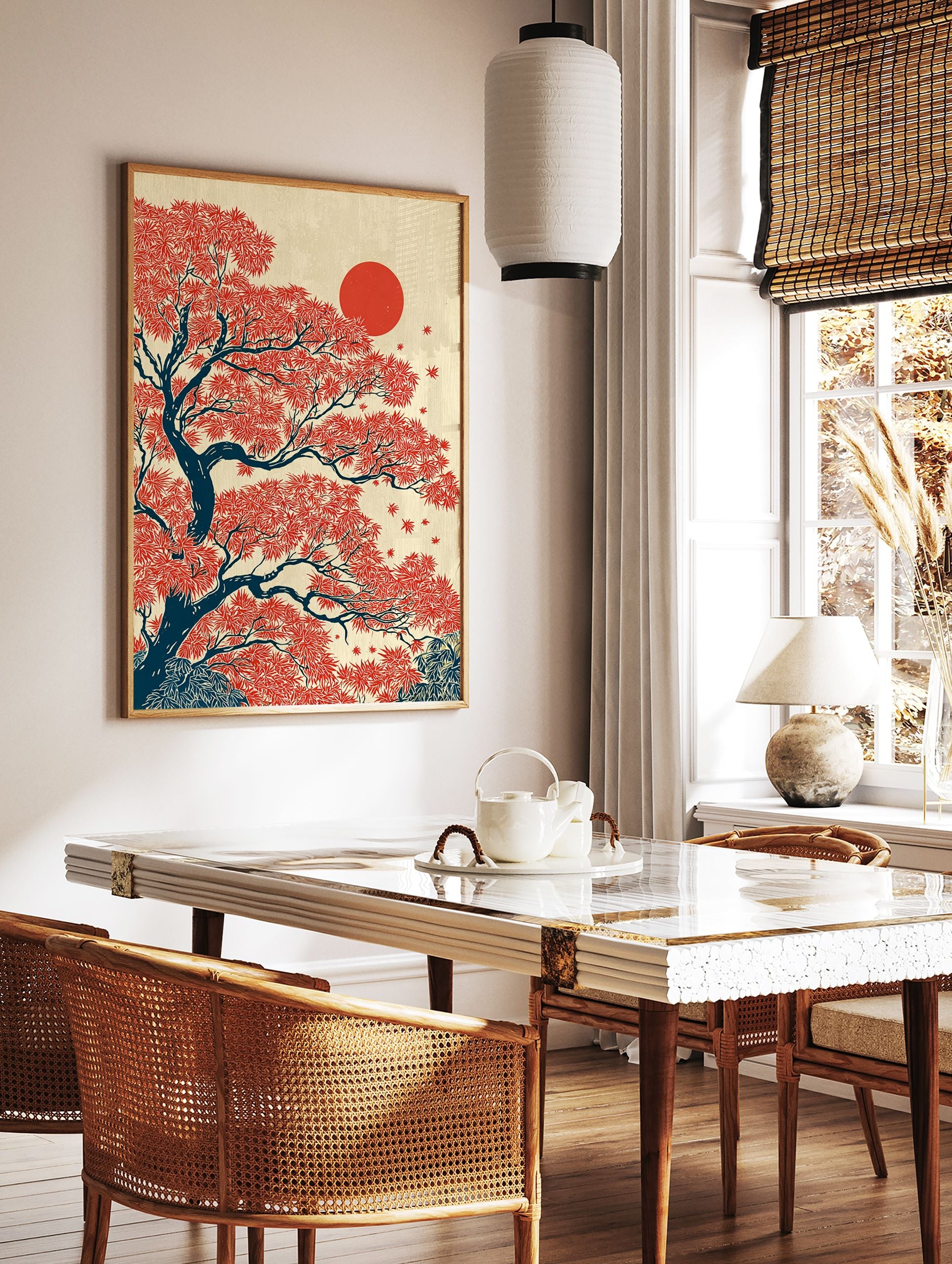 Japanese wall art print depicting a vibrant red maple tree with dark blue branches and a large red sun on a cream background. - Image 2