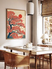 Japanese wall art print depicting a vibrant red maple tree with dark blue branches and a large red sun on a cream background. - Image 2