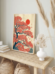 Japanese wall art print depicting a vibrant red maple tree with dark blue branches and a large red sun on a cream background. - Image 3