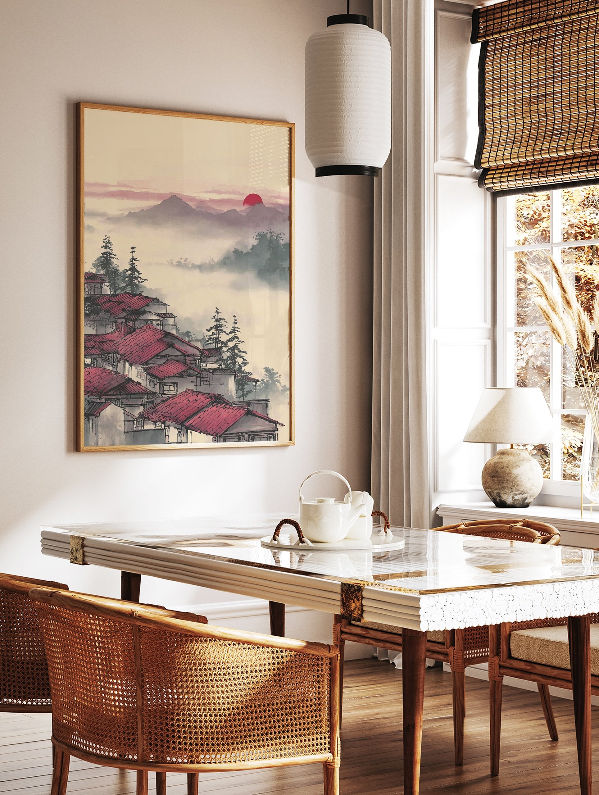 Japanese Wall Art print of red roof houses in misty mountains with pine trees and a red sun in the sky. - Image 2