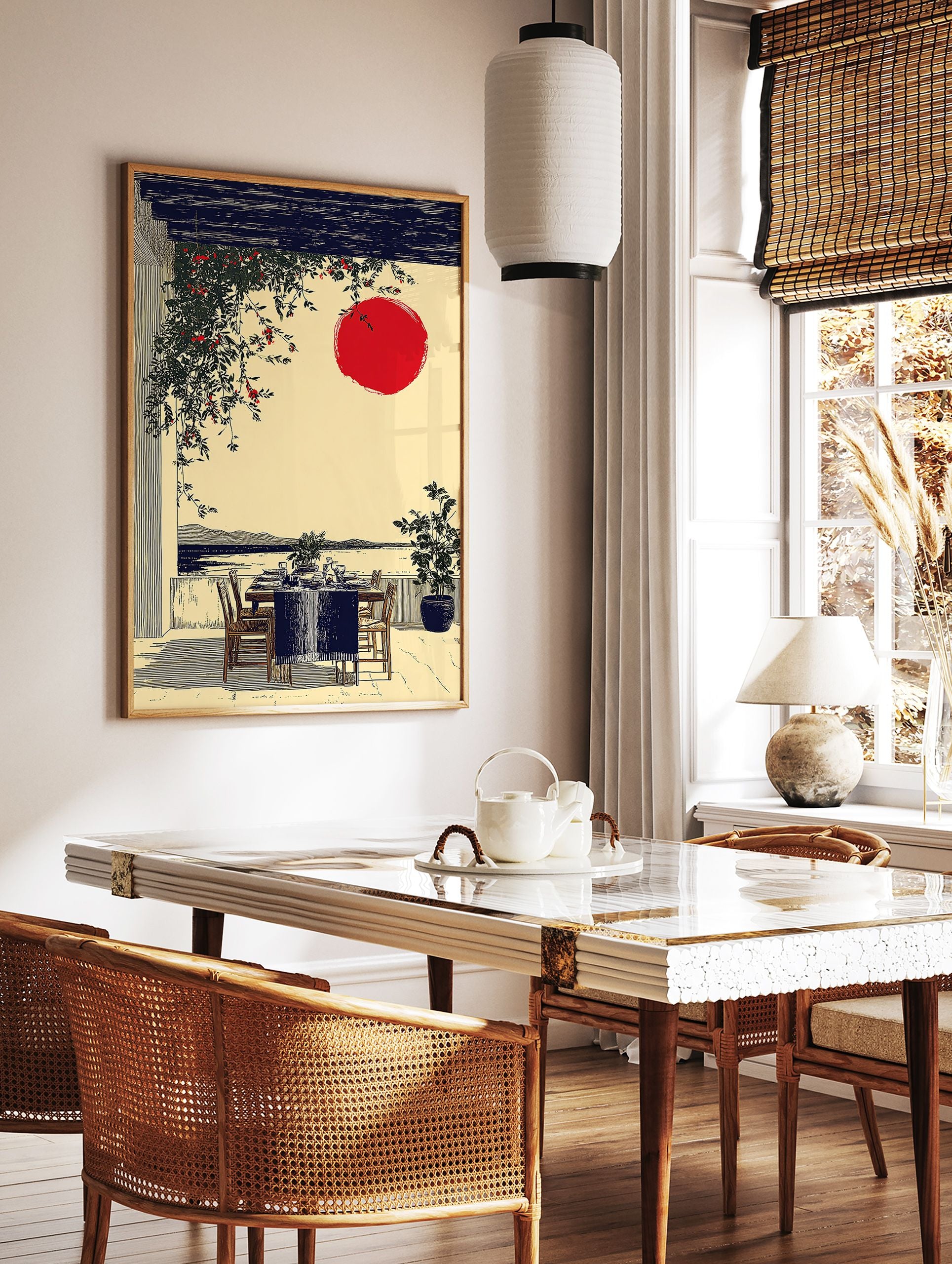 Japanese wall art print of an outdoor dining patio with a red sun, dark pergola, green vines, and ocean view. - Image 2