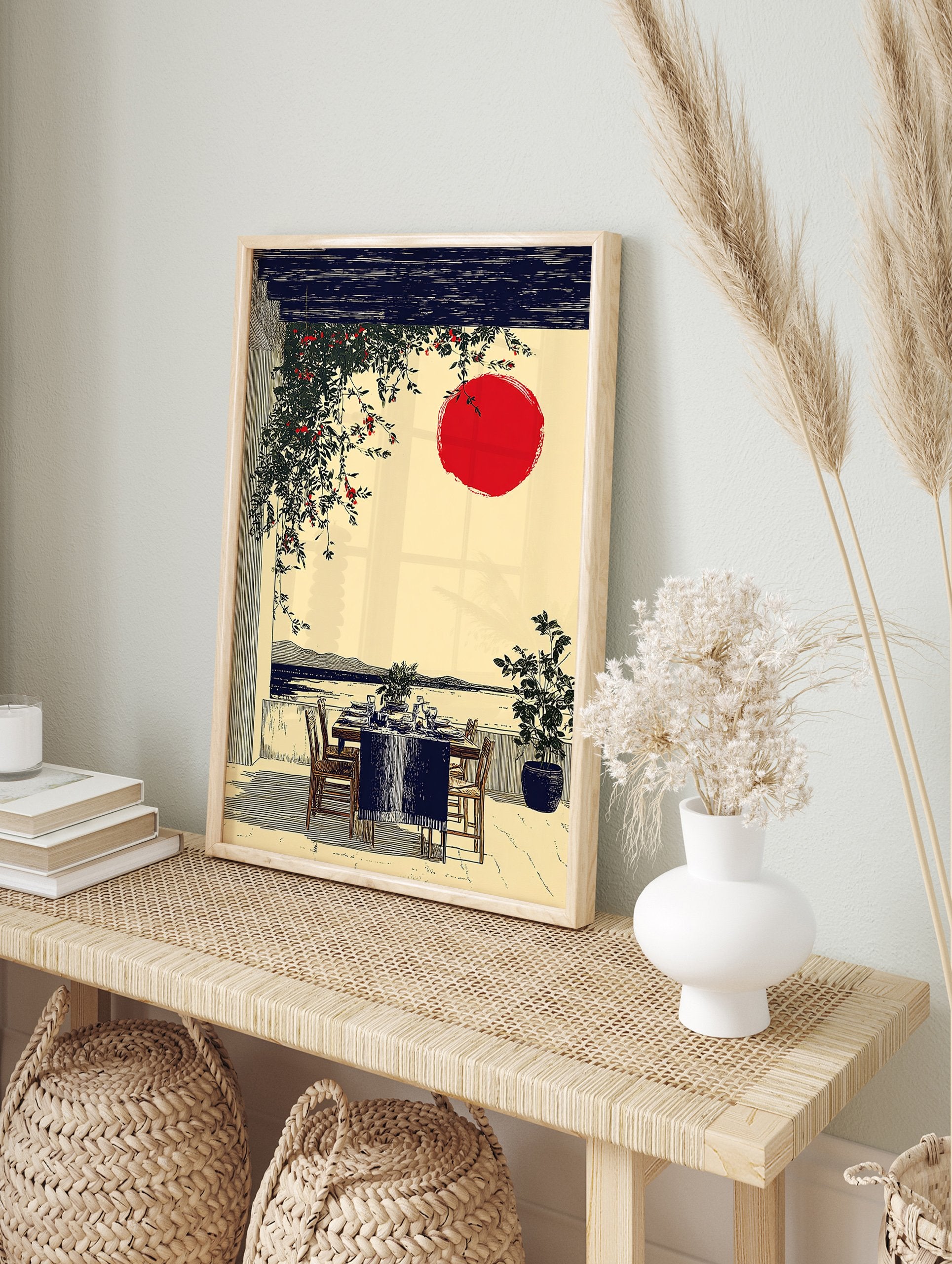 Japanese wall art print of an outdoor dining patio with a red sun, dark pergola, green vines, and ocean view. - Image 3