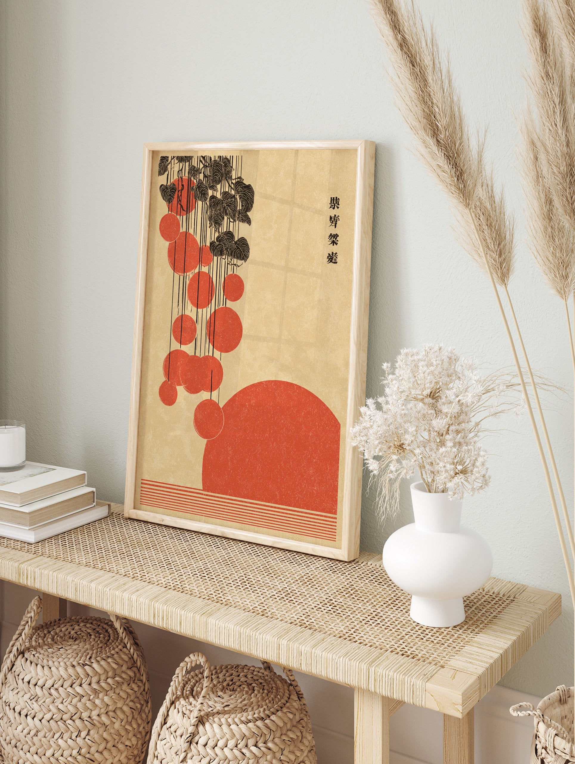 Japanese wall art with red circles, black leaves, and vertical lines on a beige textured background. - Image 3