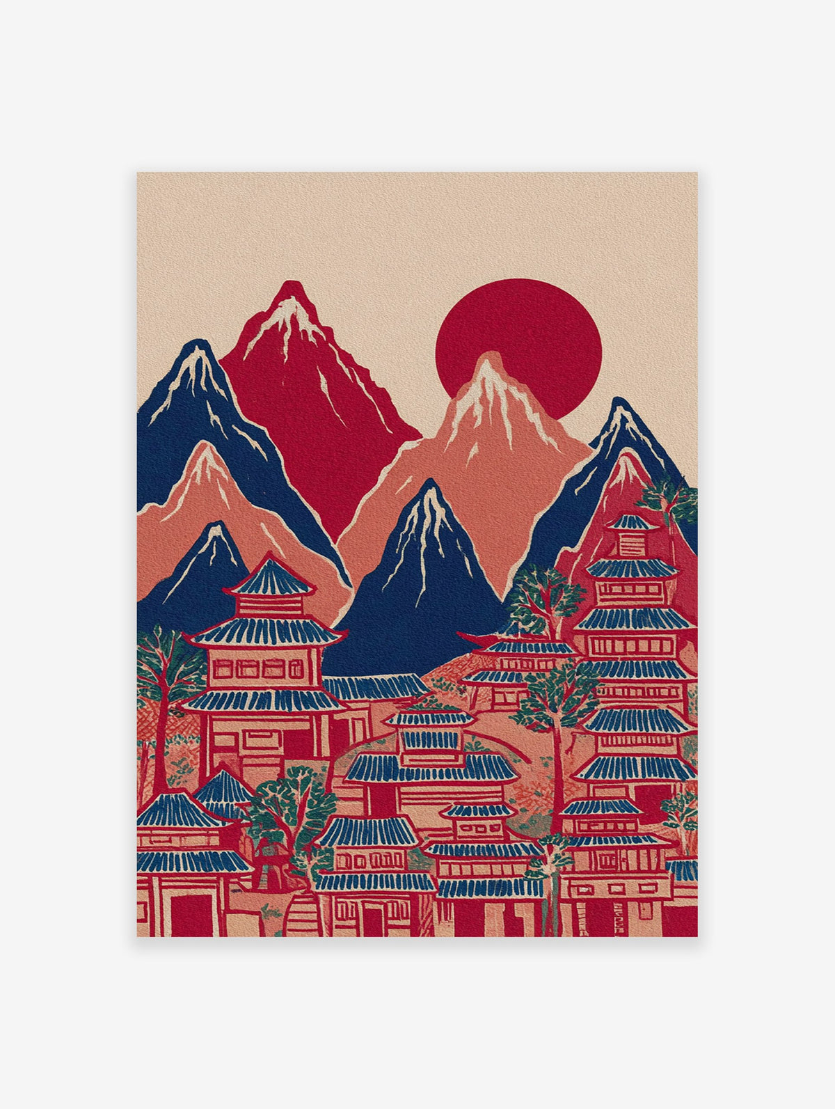 Japanese landscape wall art with red sun, blue mountains, and traditional pagoda village in an illustrative style.