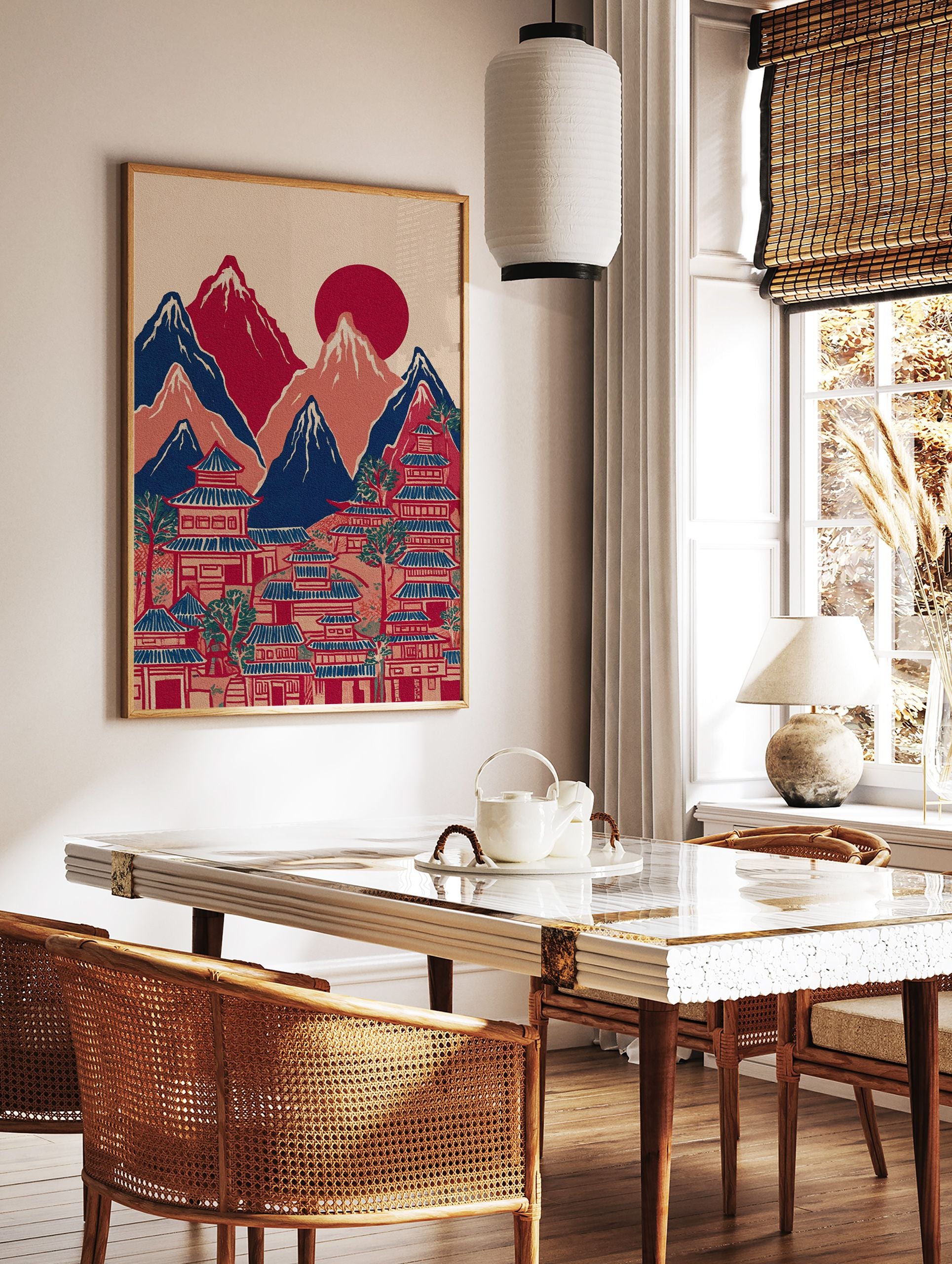 Japanese landscape wall art with red sun, blue mountains, and traditional pagoda village in an illustrative style. - Image 2