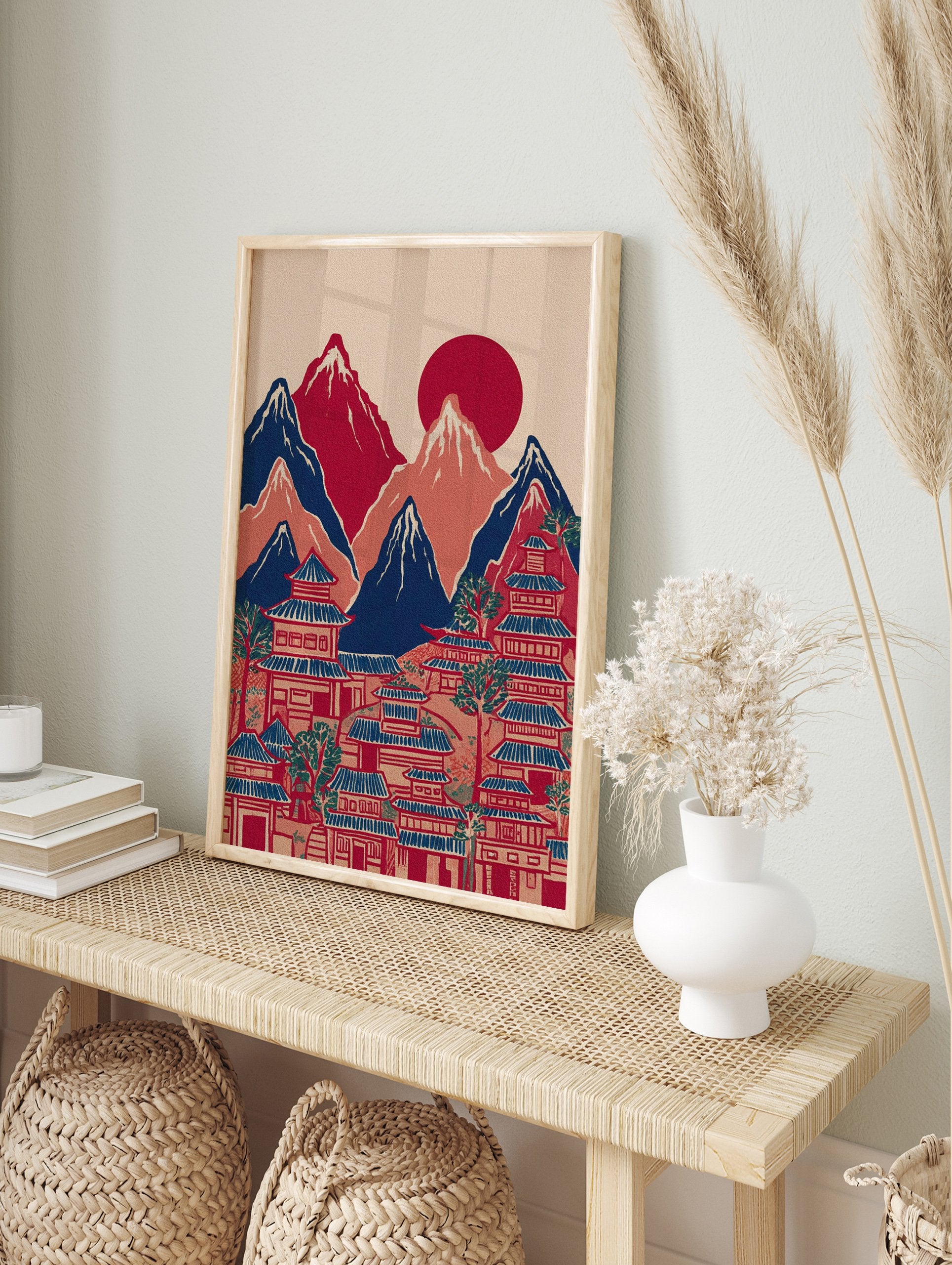 Japanese landscape wall art with red sun, blue mountains, and traditional pagoda village in an illustrative style. - Image 3