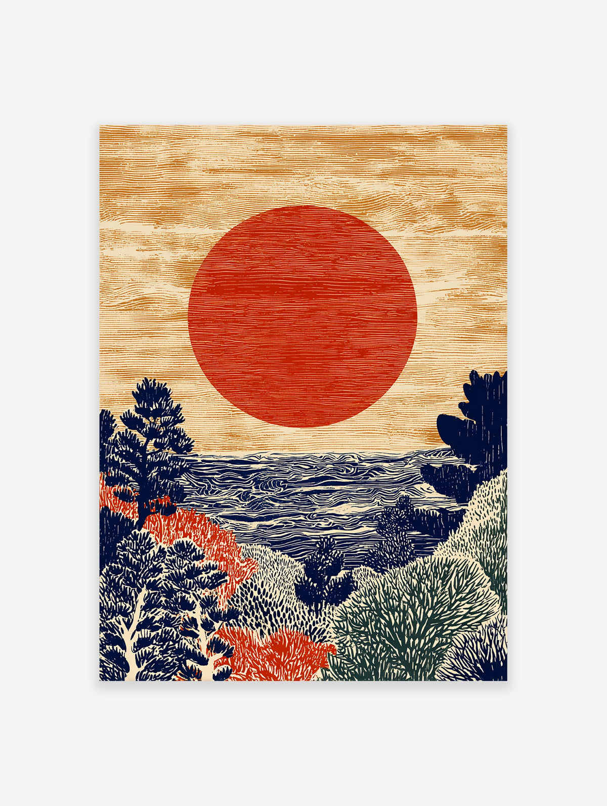 Japanese Wall Art of a red sun over a textured blue ocean and dark foliage in a woodcut illustration style.