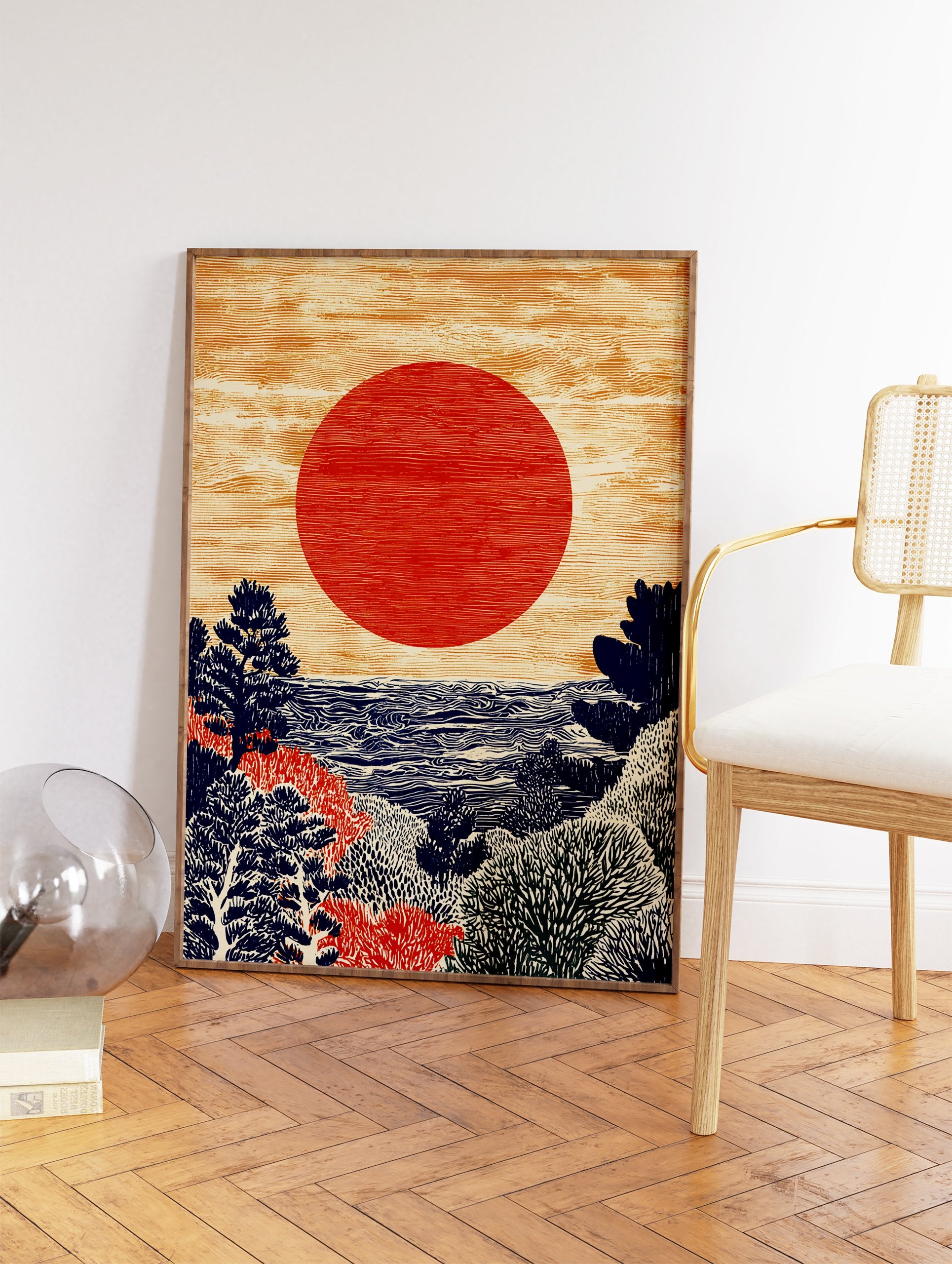 Japanese Wall Art of a red sun over a textured blue ocean and dark foliage in a woodcut illustration style. - Image 2