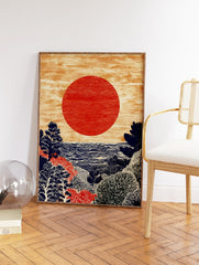 Japanese Wall Art of a red sun over a textured blue ocean and dark foliage in a woodcut illustration style. - Image 2