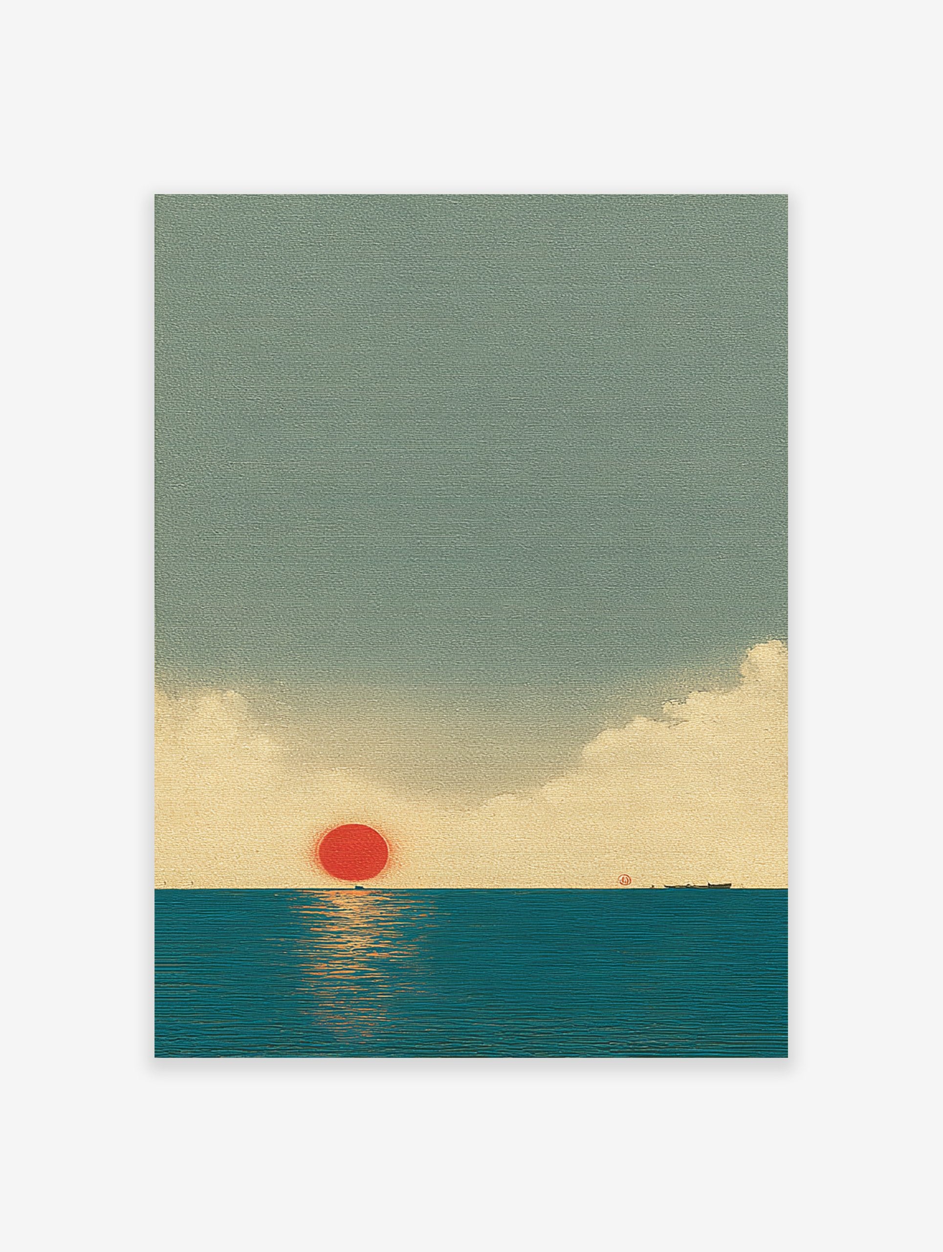 Japanese Wall Art print of a minimalist red sun setting over a calm blue ocean, with subtle clouds and a distant boat.