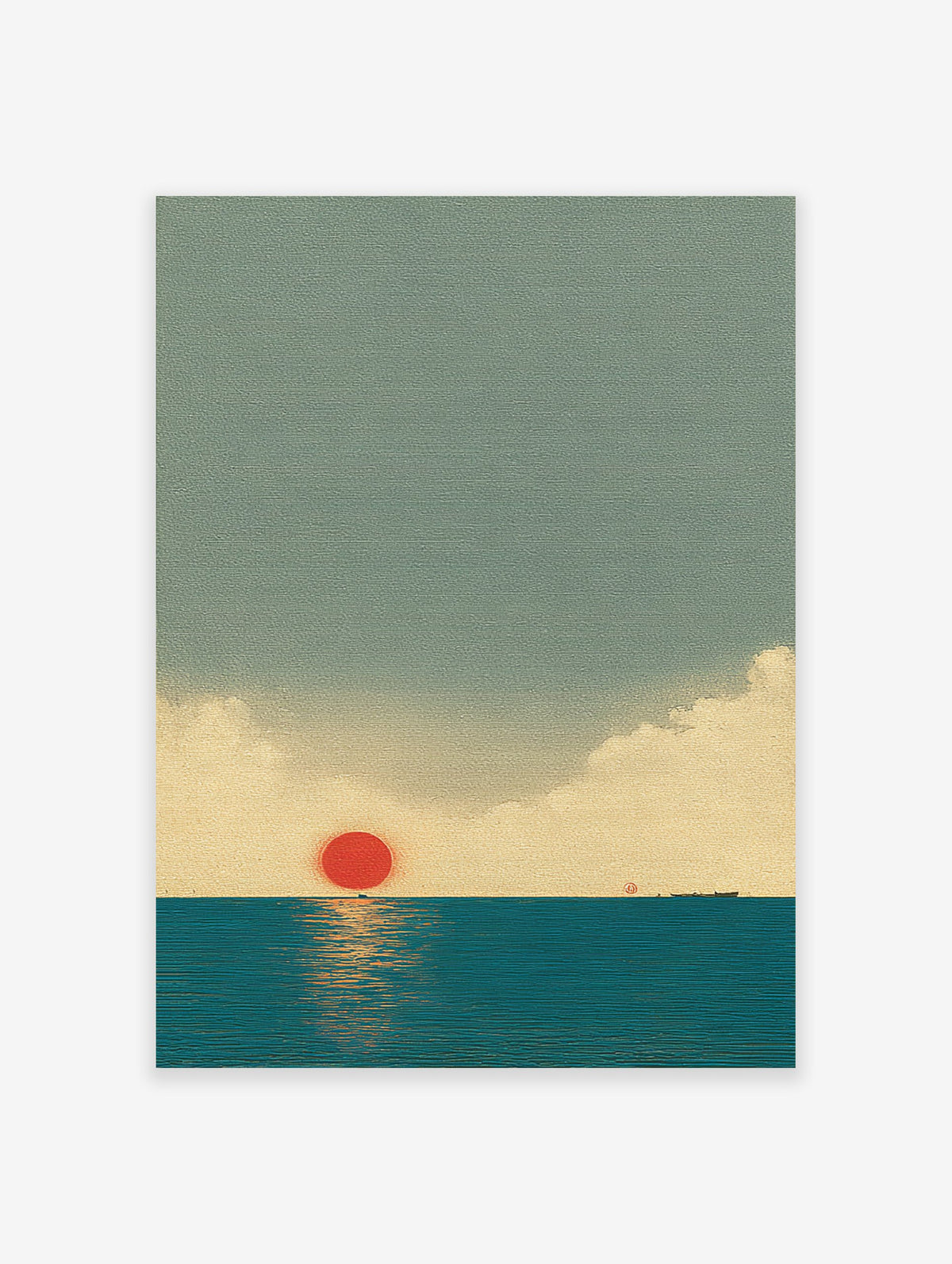 Japanese Wall Art print of a minimalist red sun setting over a calm blue ocean, with subtle clouds and a distant boat.
